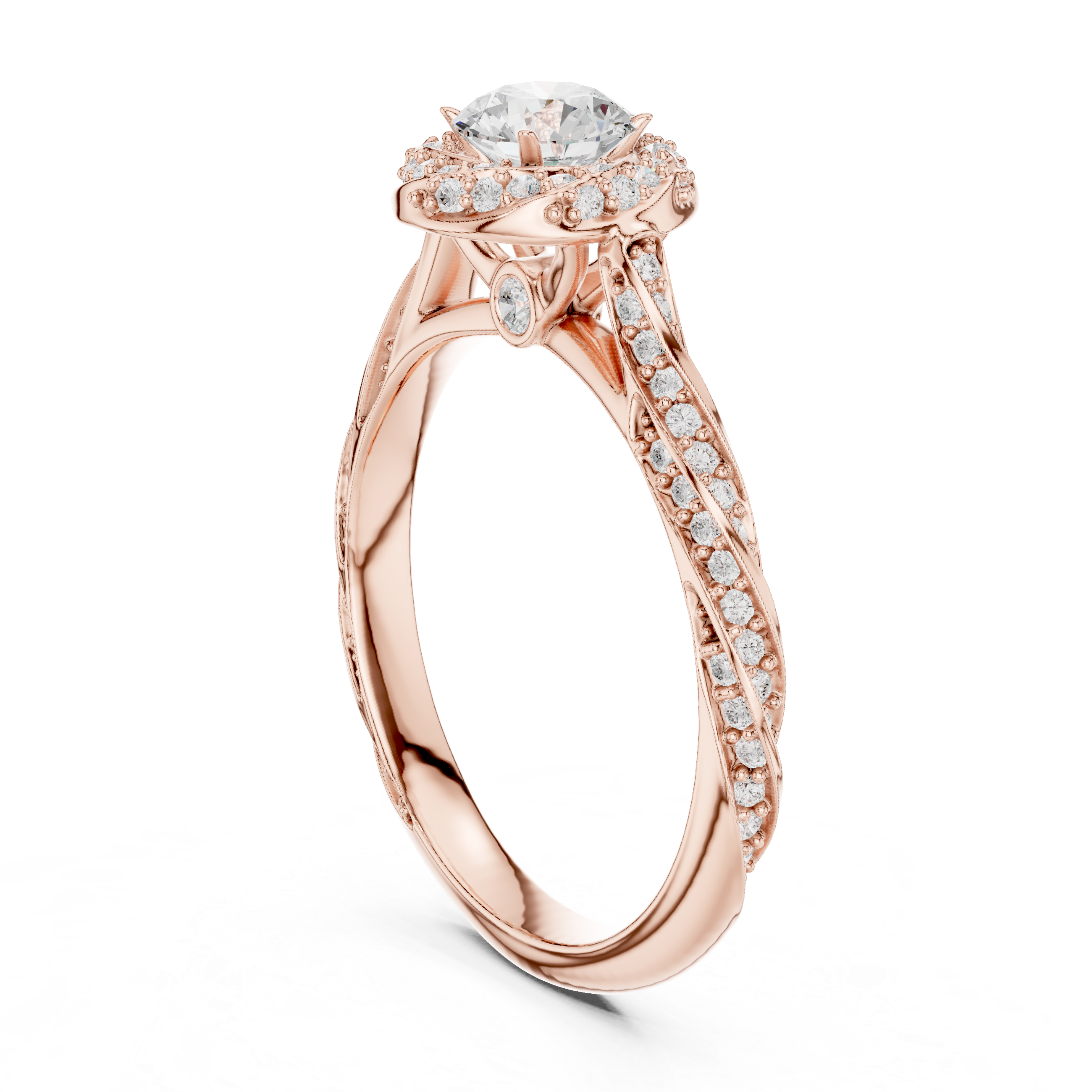 Twisted band engagement ring with a diamond halo and intricate pav?-set side stones.