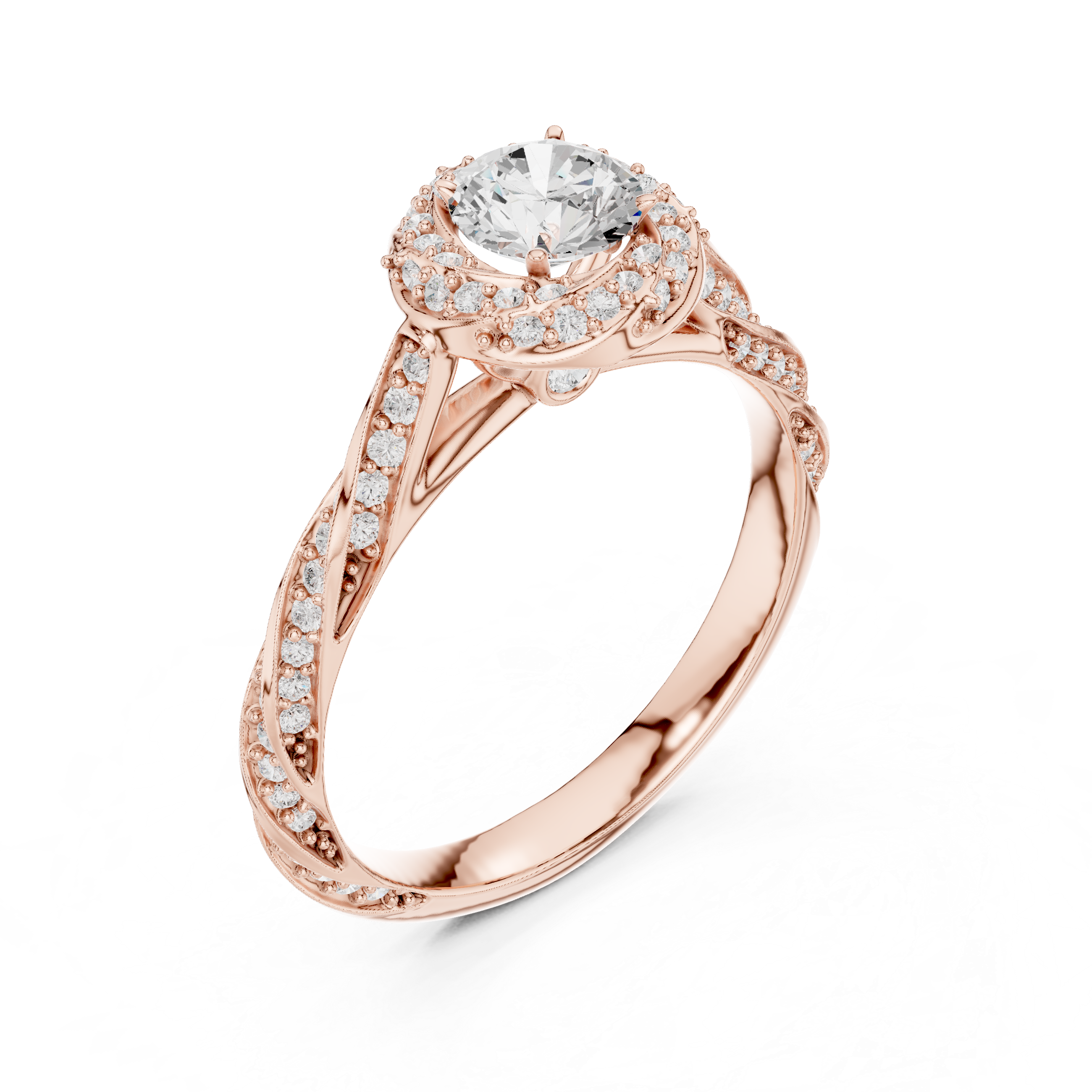 Twisted band engagement ring with a diamond halo and intricate pav?-set side stones.