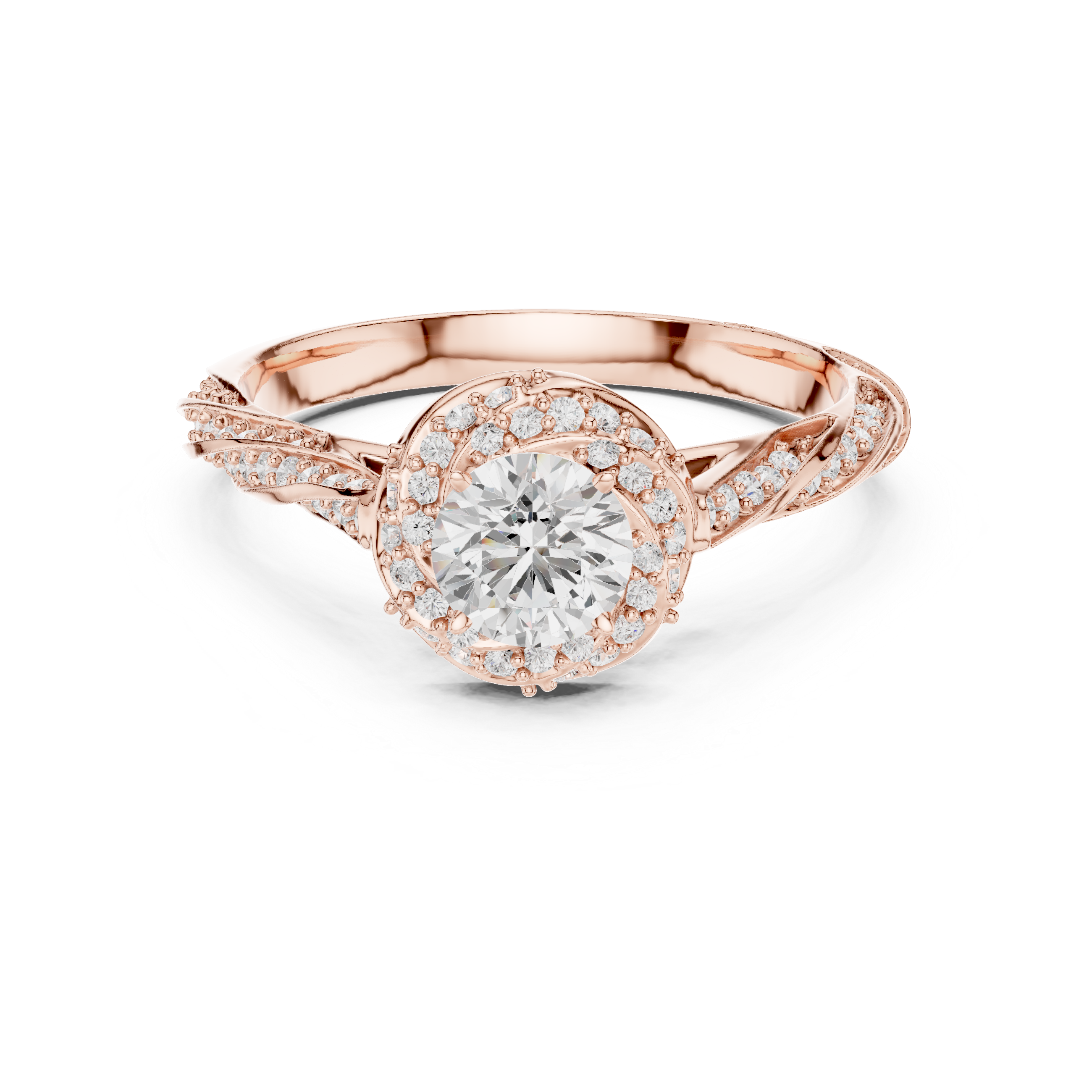 Twisted band engagement ring with a diamond halo and intricate pav?-set side stones.