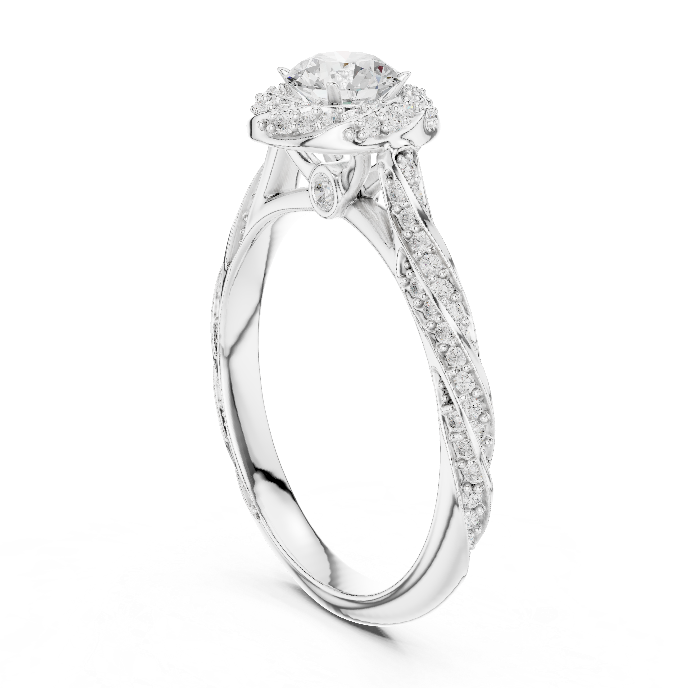 Twisted band engagement ring with a diamond halo and intricate pav?-set side stones.