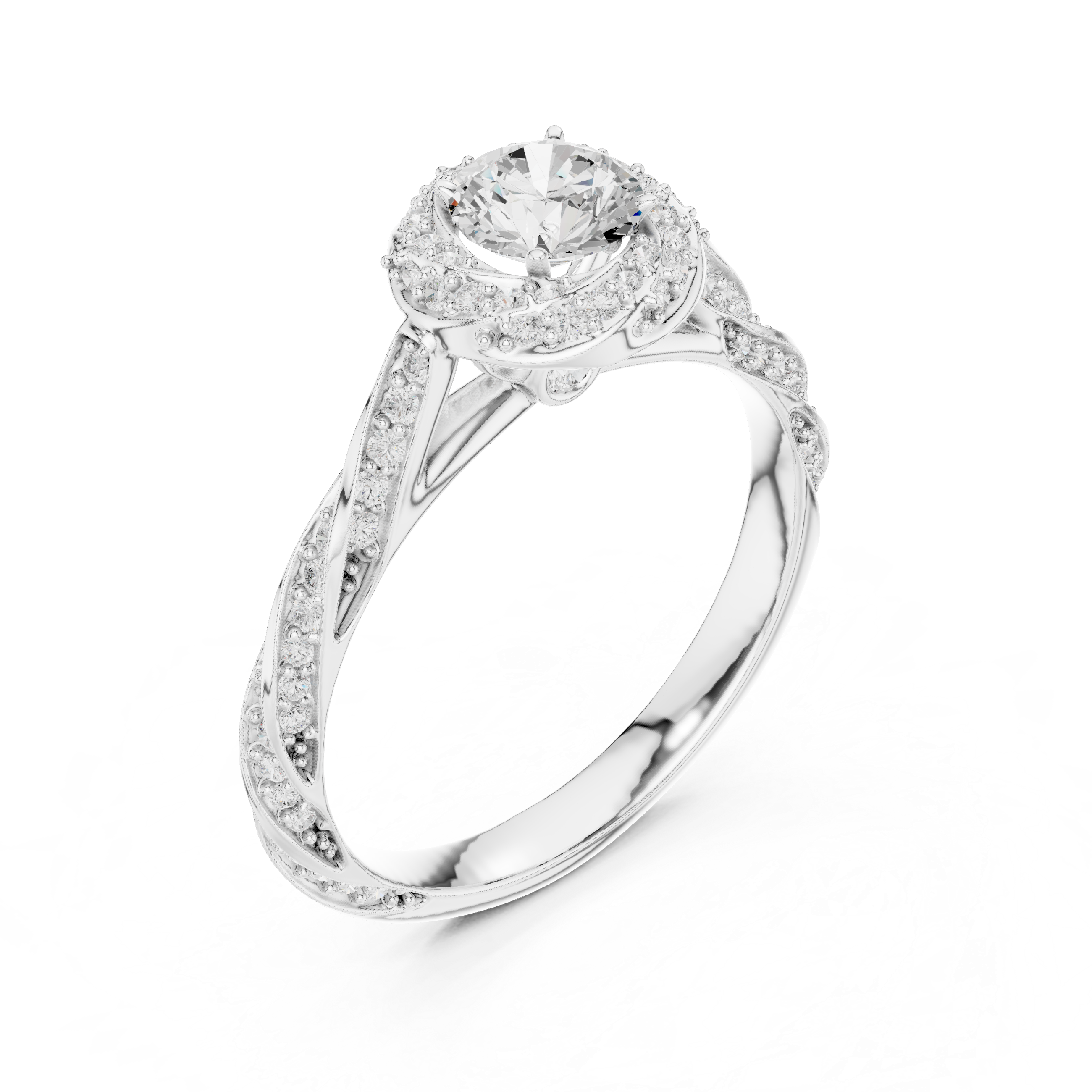 Twisted band engagement ring with a diamond halo and intricate pav?-set side stones.