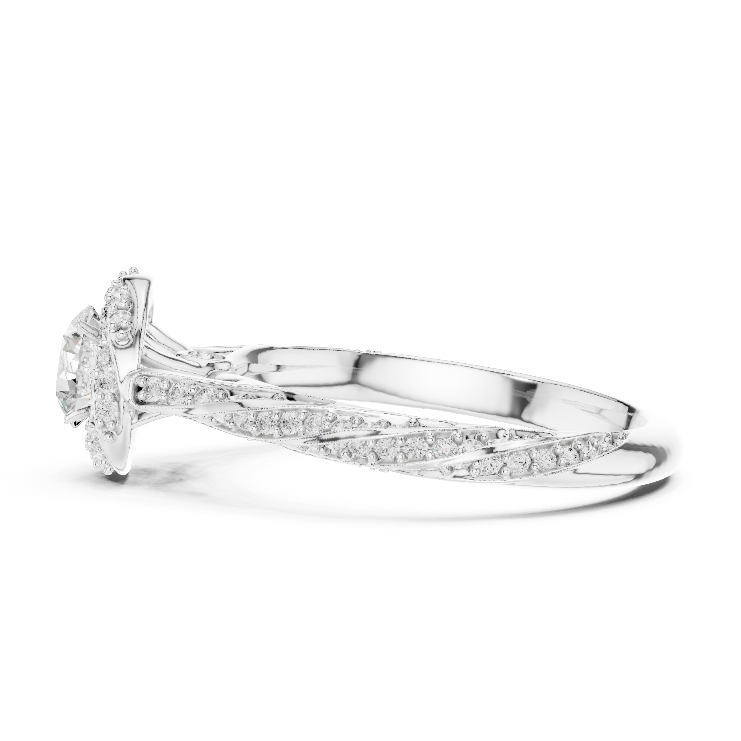 Twisted band engagement ring with a diamond halo and intricate pav?-set side stones.