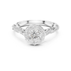 Twisted band engagement ring with a diamond halo and intricate pav?-set side stones.
