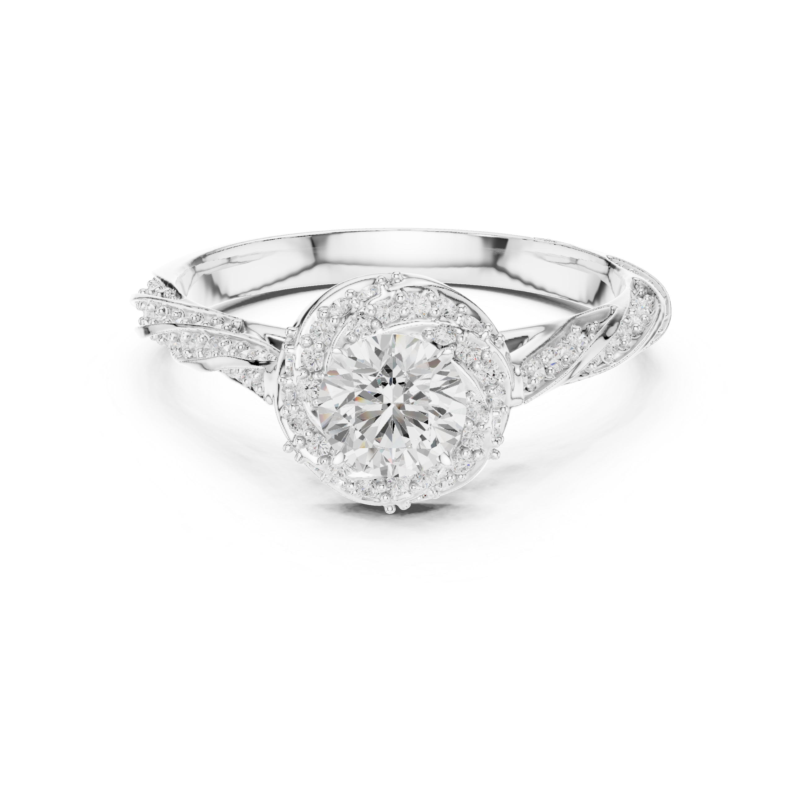 Twisted band engagement ring with a diamond halo and intricate pav?-set side stones.