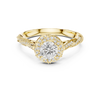 Twisted band engagement ring with a diamond halo and intricate pav?-set side stones.