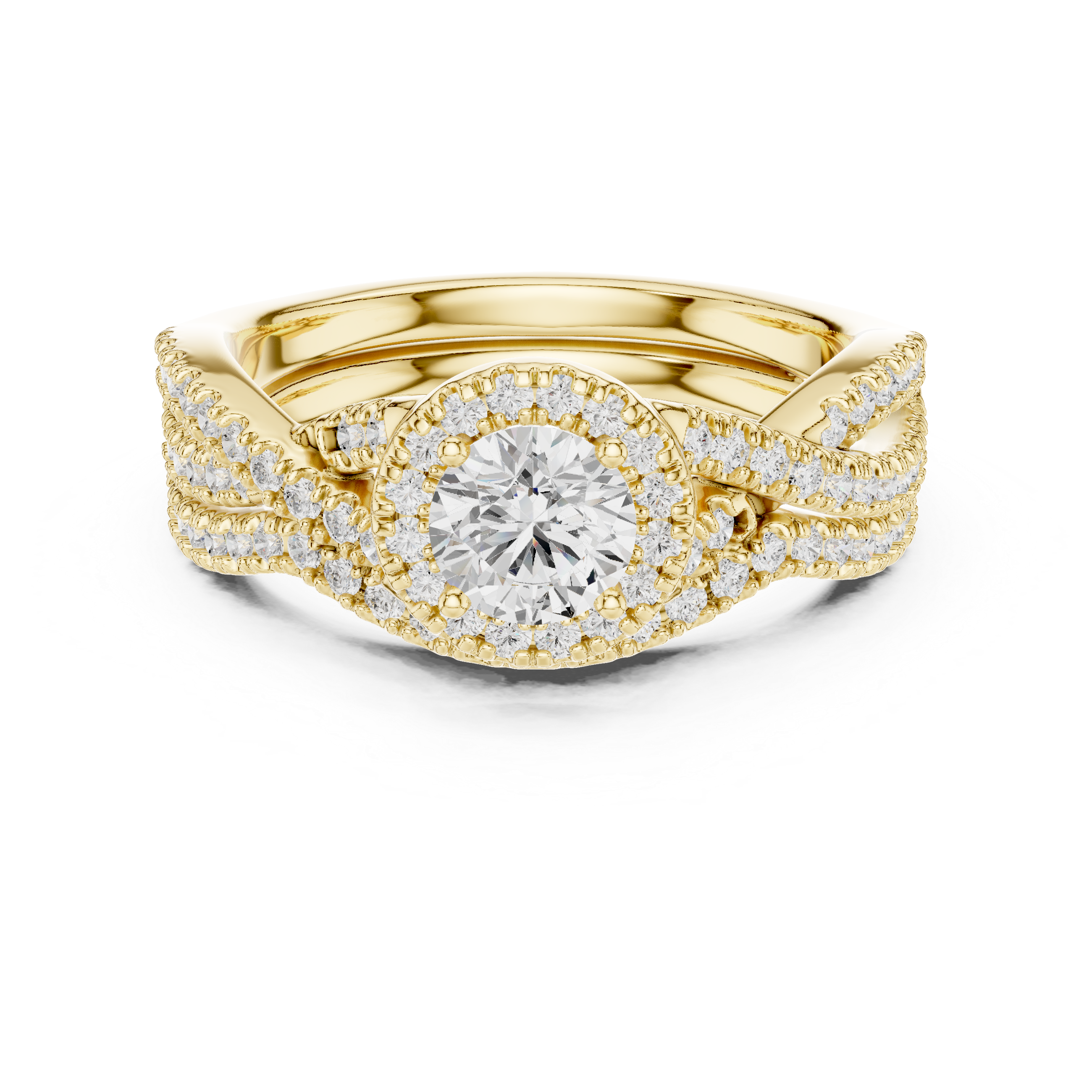 Intricate Double Row Diamond Split Shank Engagement Ring