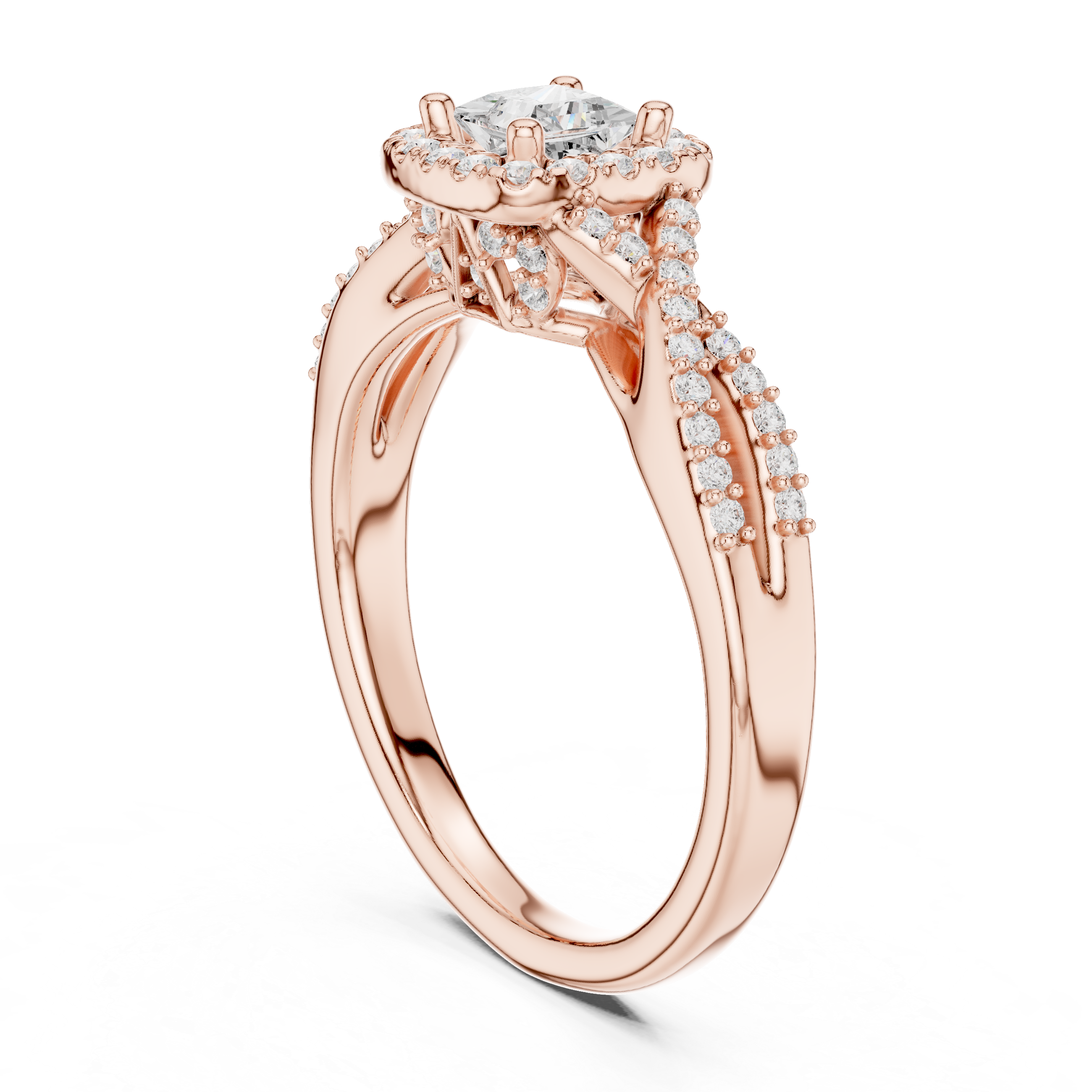 Double Row Diamond Split Shank Halo Engagement Ring