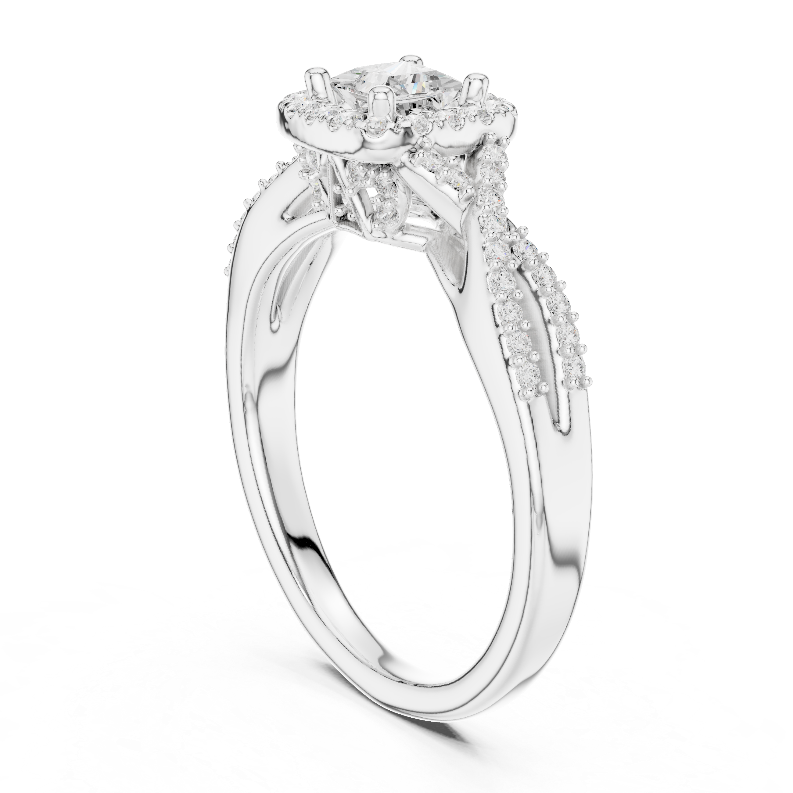 Double Row Diamond Split Shank Halo Engagement Ring