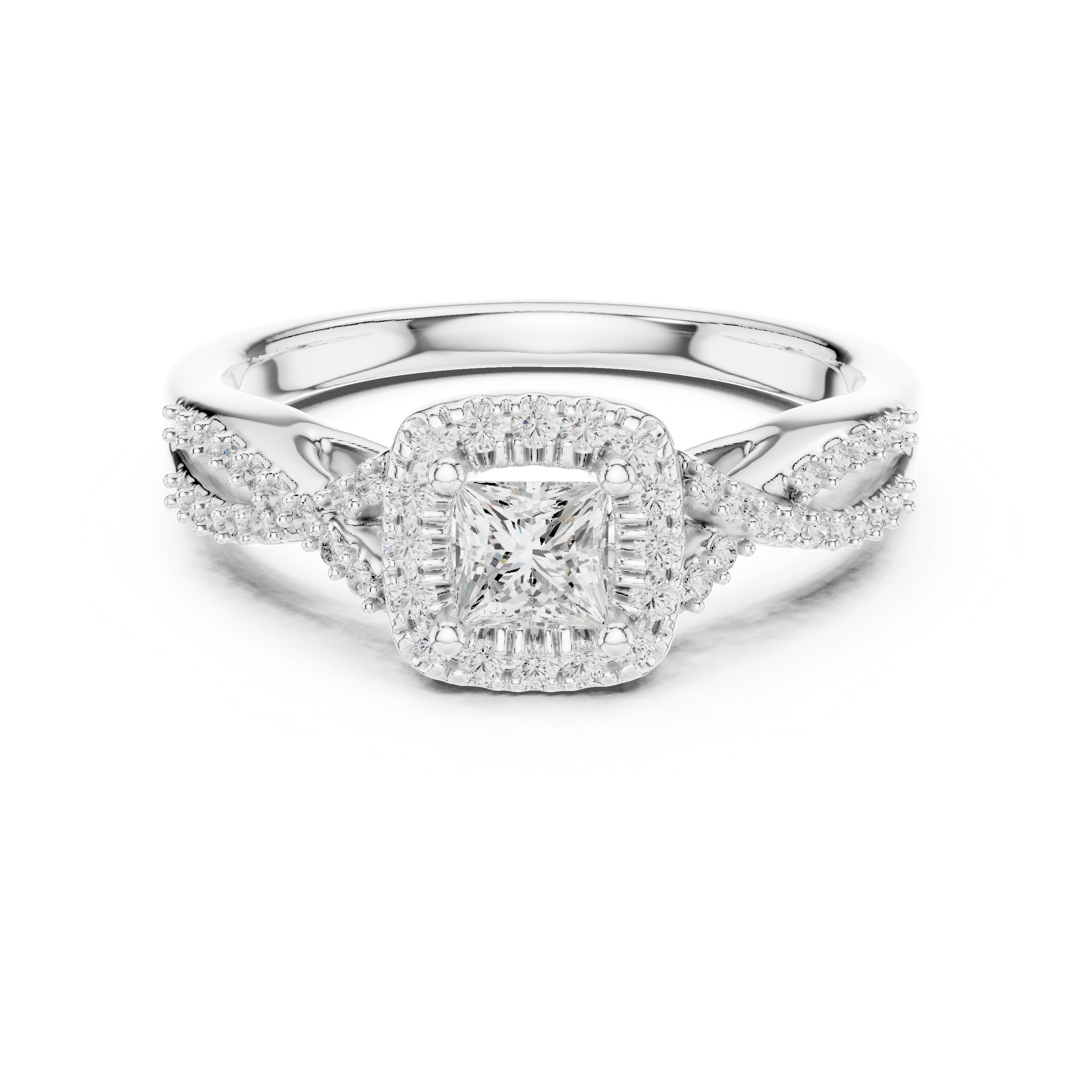 Double Row Diamond Split Shank Halo Engagement Ring