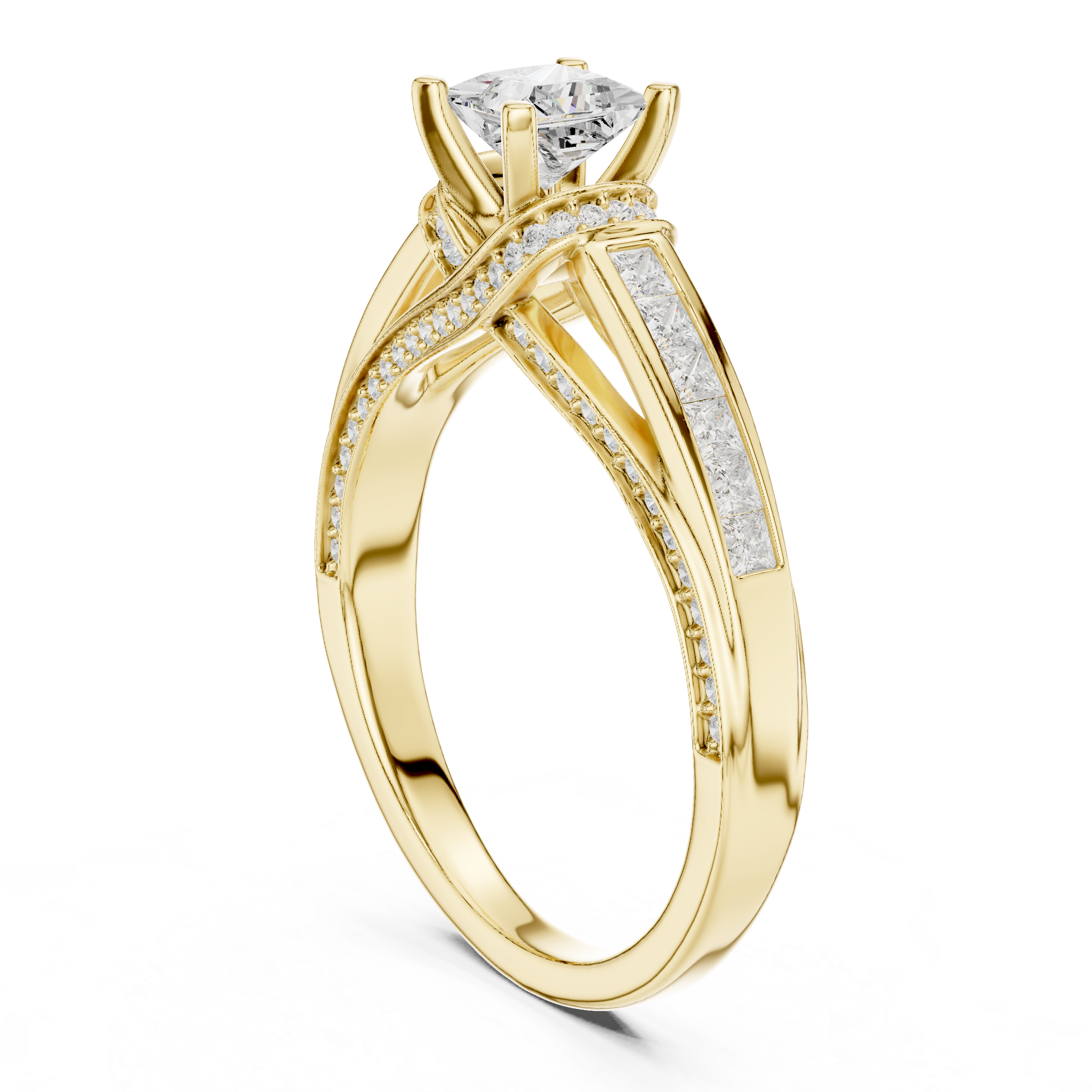 Twisted Band Engagement Ring with Princess-Cut Side Diamonds and Pav? Accents