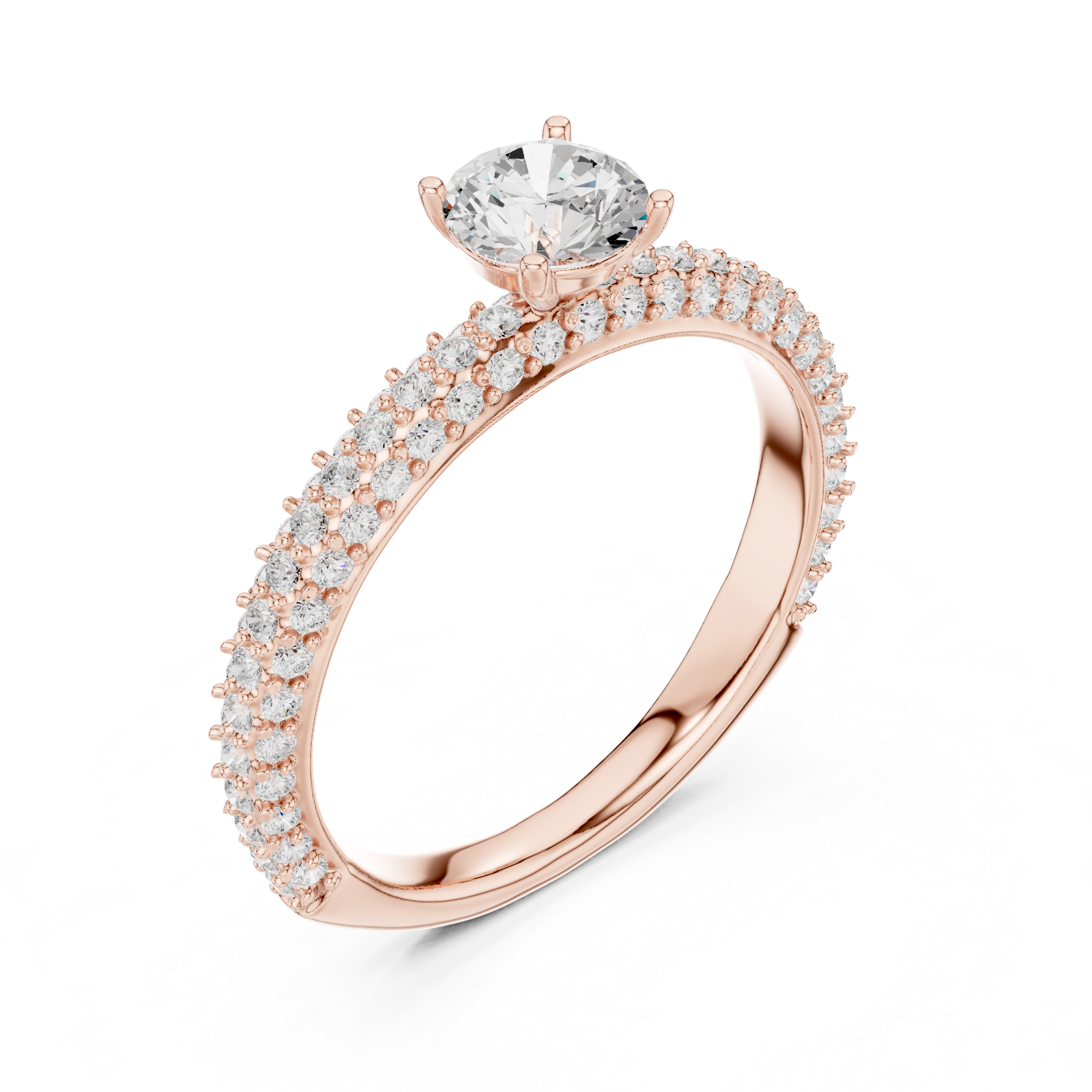 A round brilliant-cut center diamond in a classic solitaire prong setting.