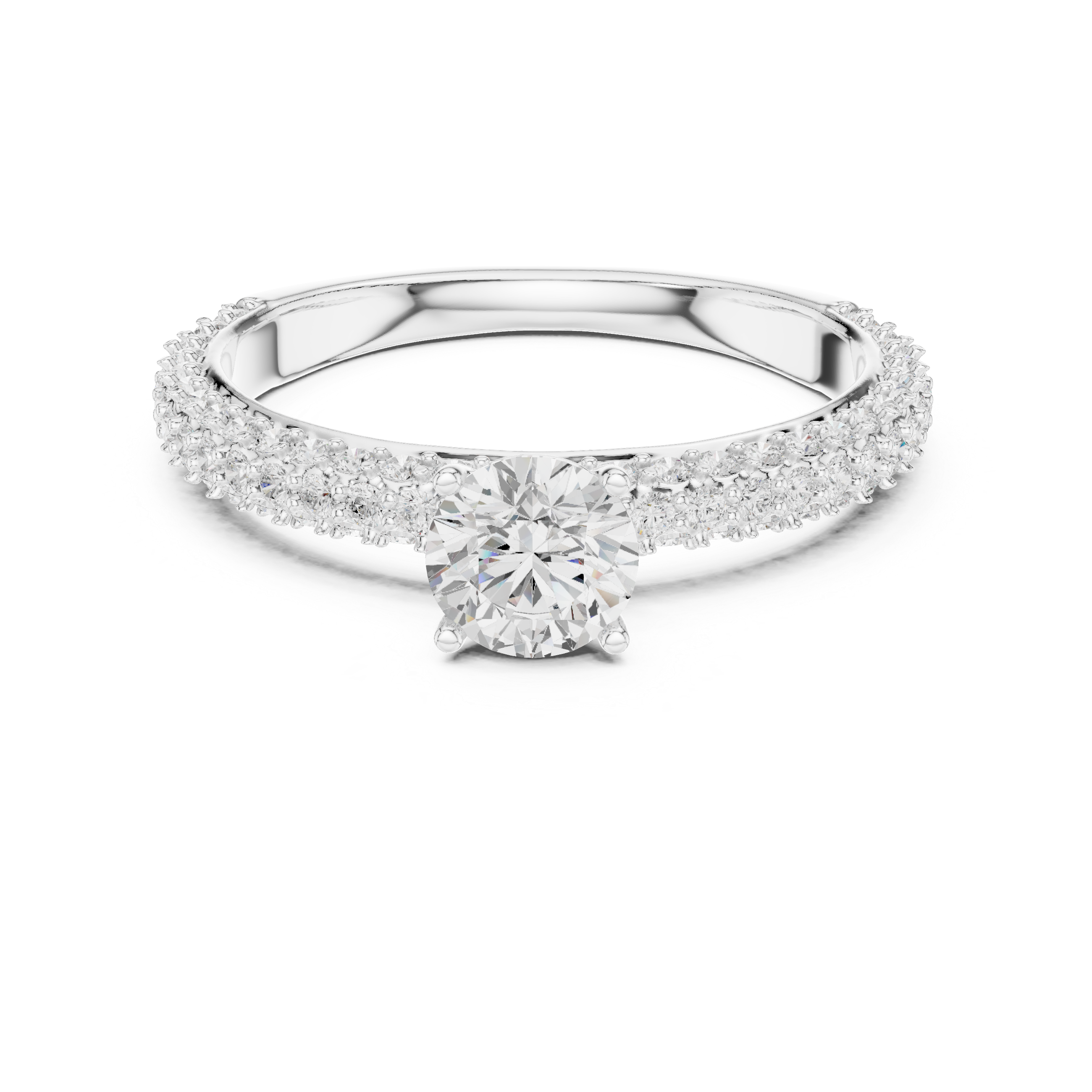 A round brilliant-cut center diamond in a classic solitaire prong setting.