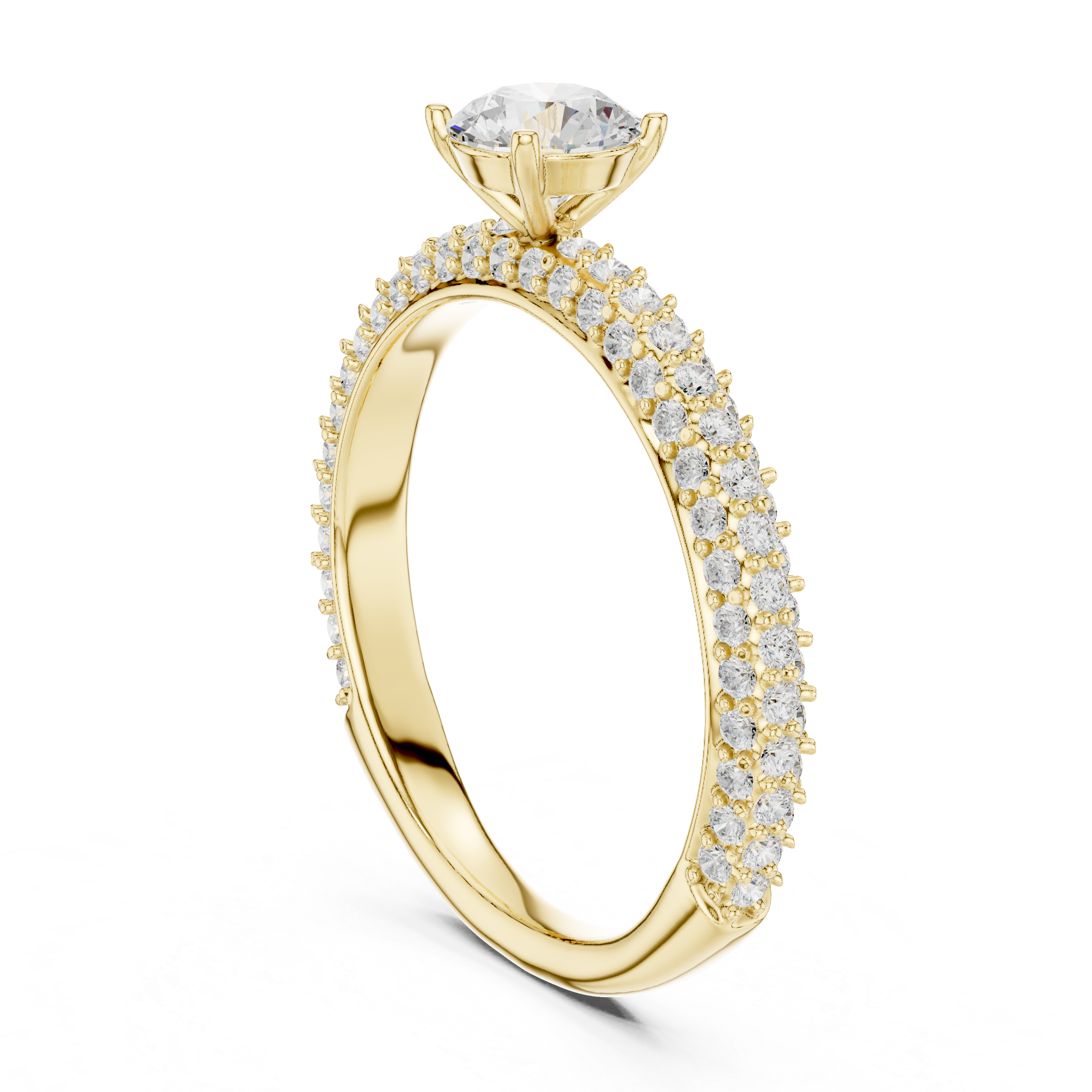 A round brilliant-cut center diamond in a classic solitaire prong setting.