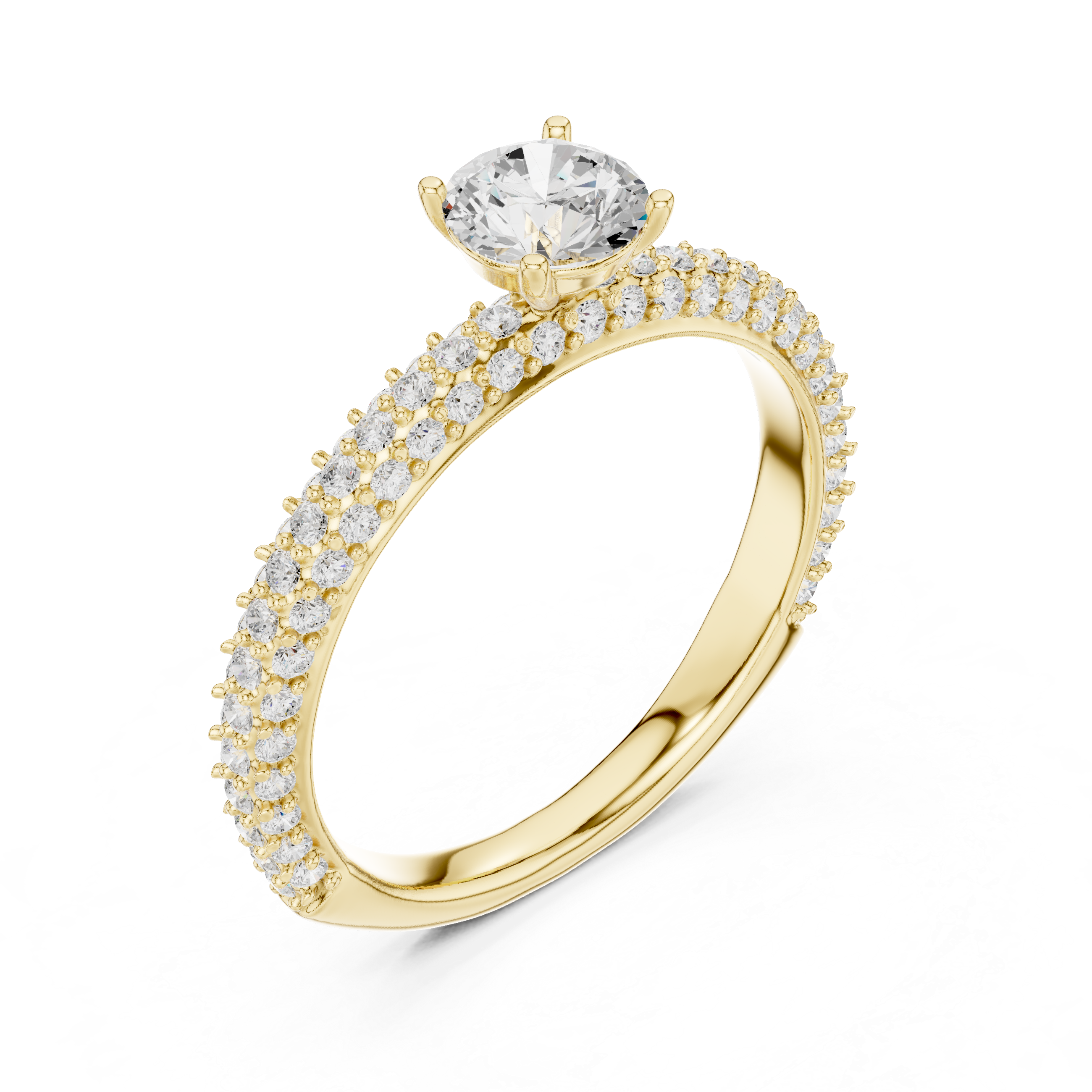 A round brilliant-cut center diamond in a classic solitaire prong setting.