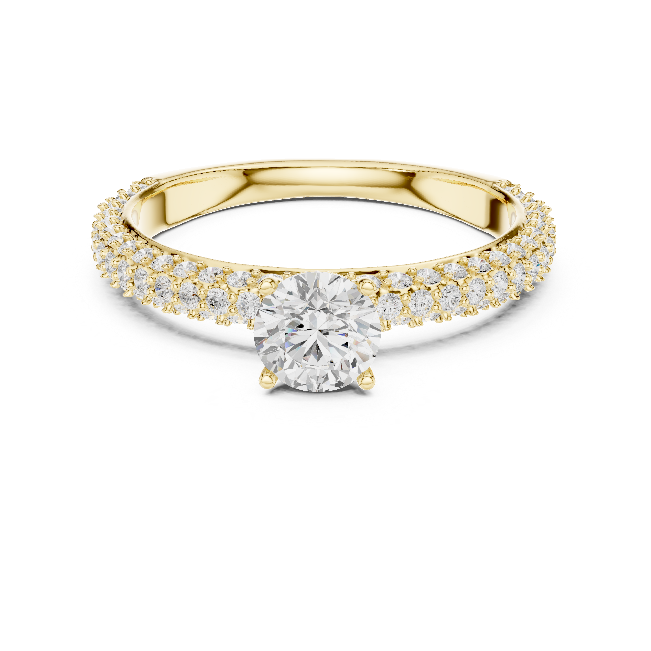 A round brilliant-cut center diamond in a classic solitaire prong setting.