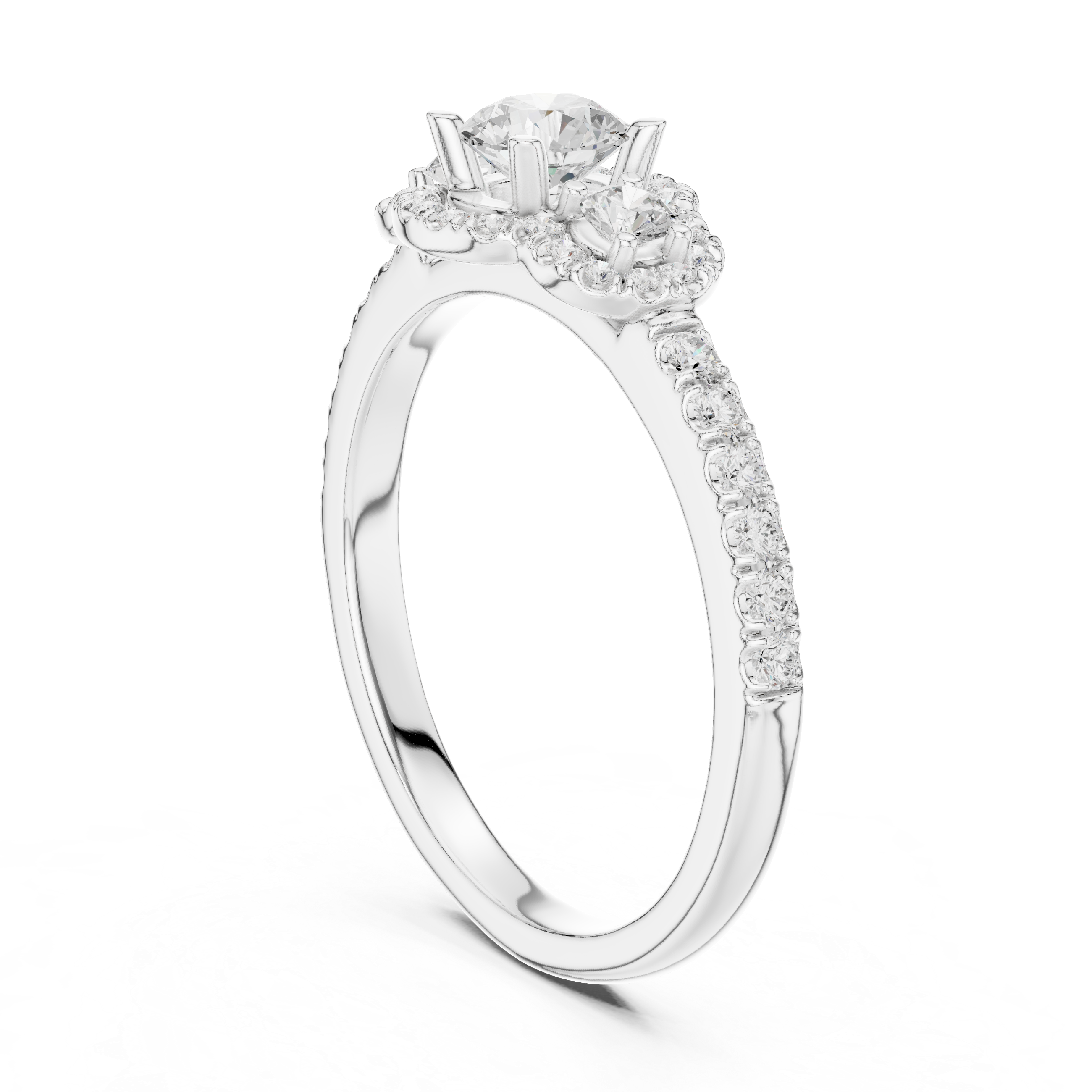 Three-stone engagement ring featuring a round center diamond