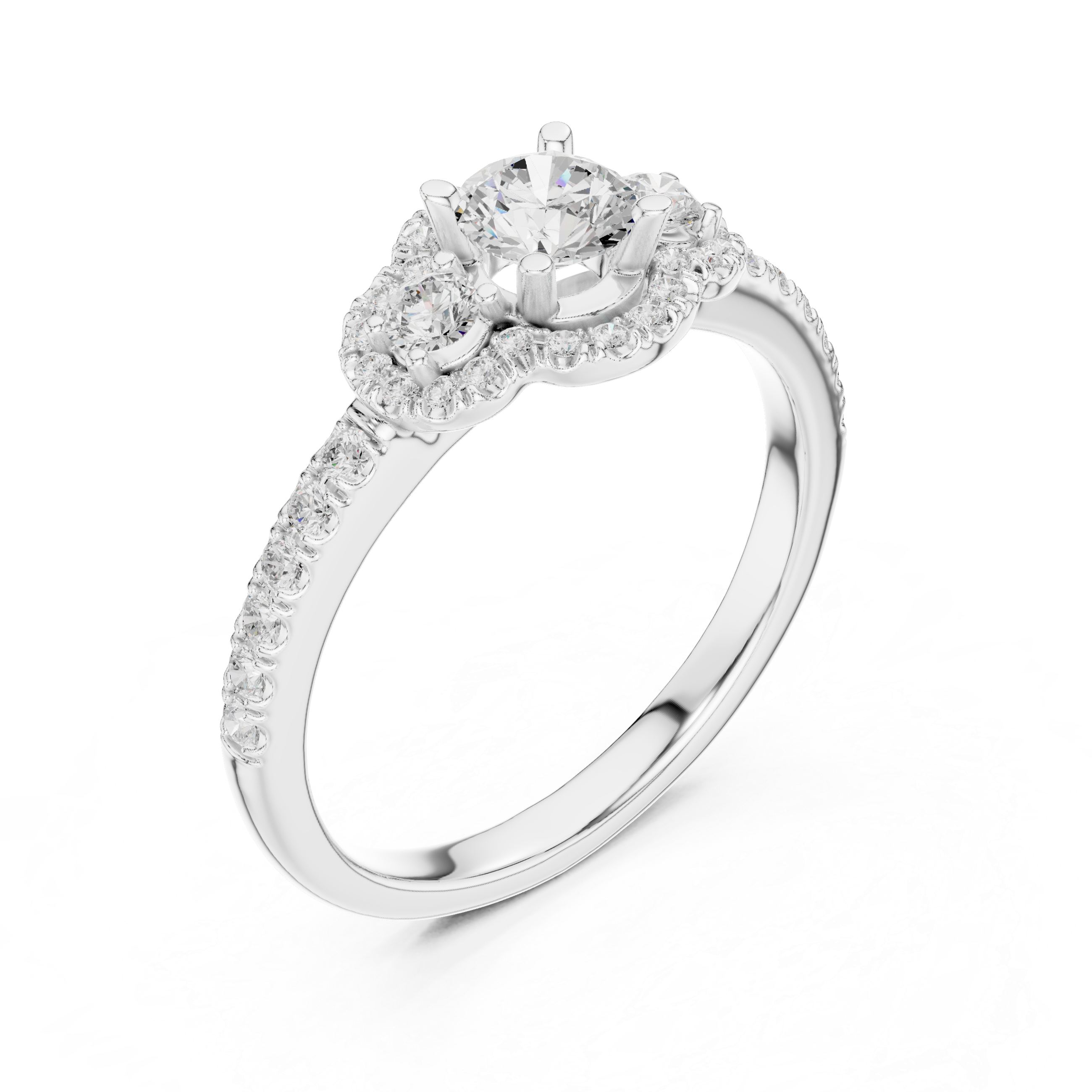 Three-stone engagement ring featuring a round center diamond