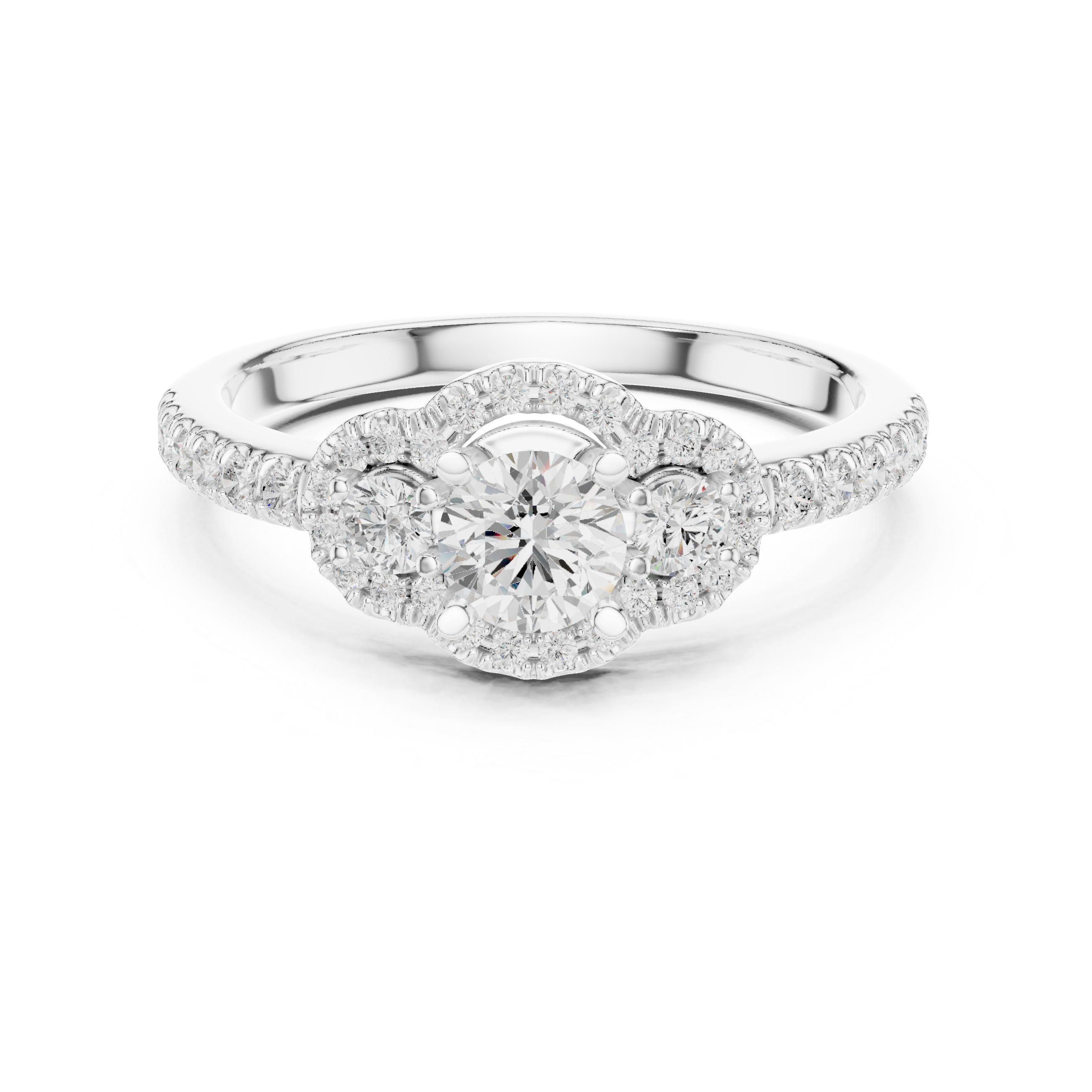 Three-stone engagement ring featuring a round center diamond