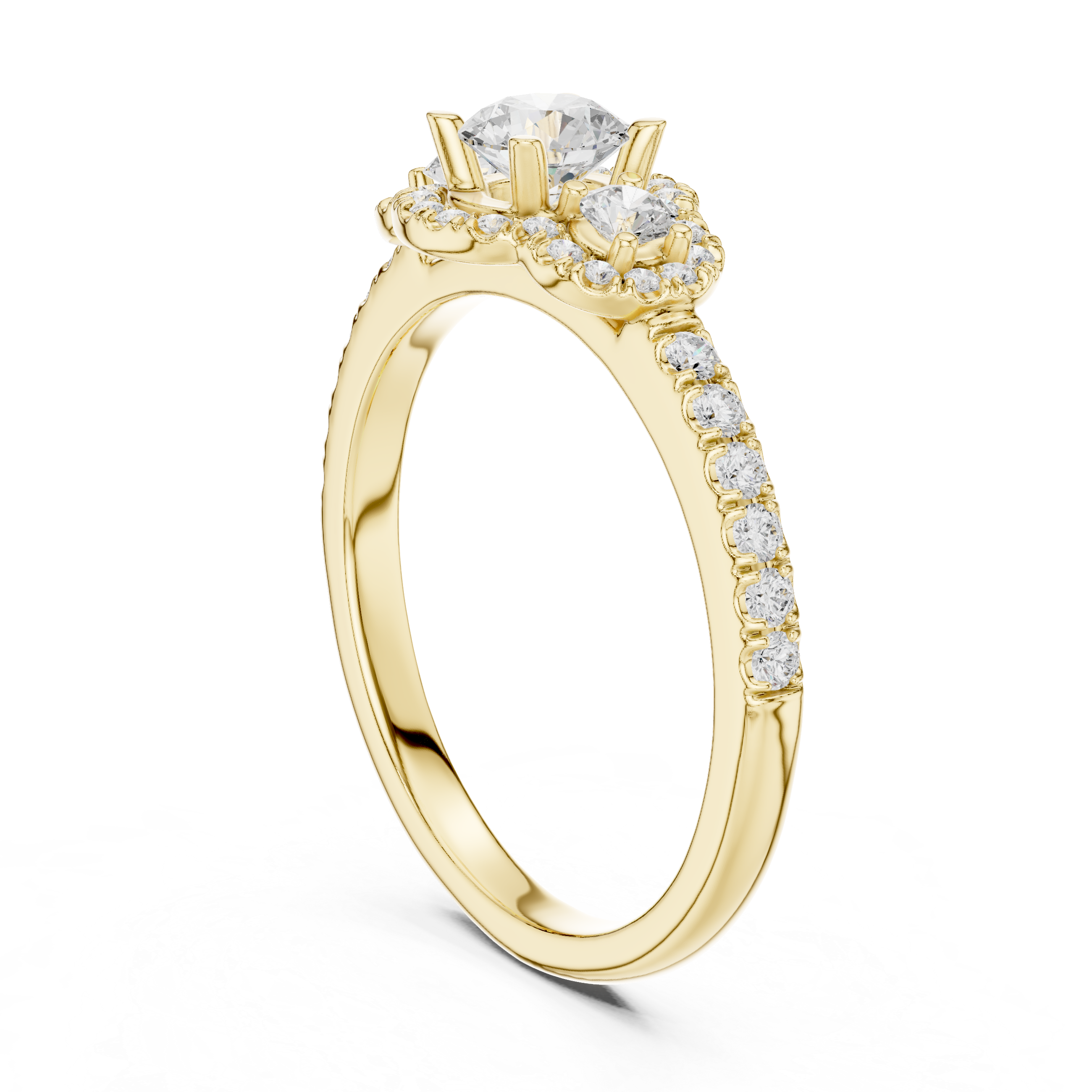 Three-stone engagement ring featuring a round center diamond