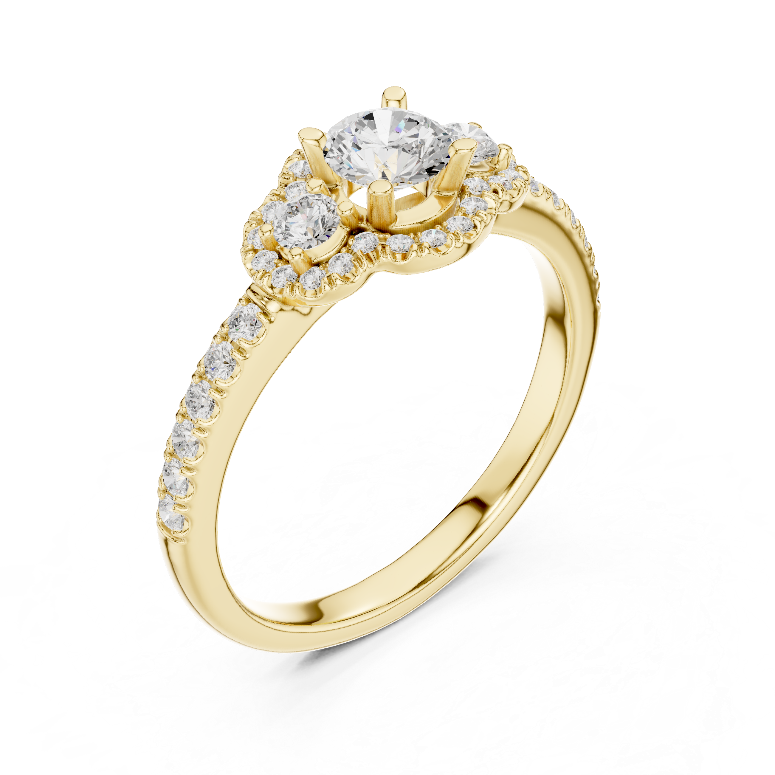 Three-stone engagement ring featuring a round center diamond