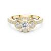 Three-stone engagement ring featuring a round center diamond