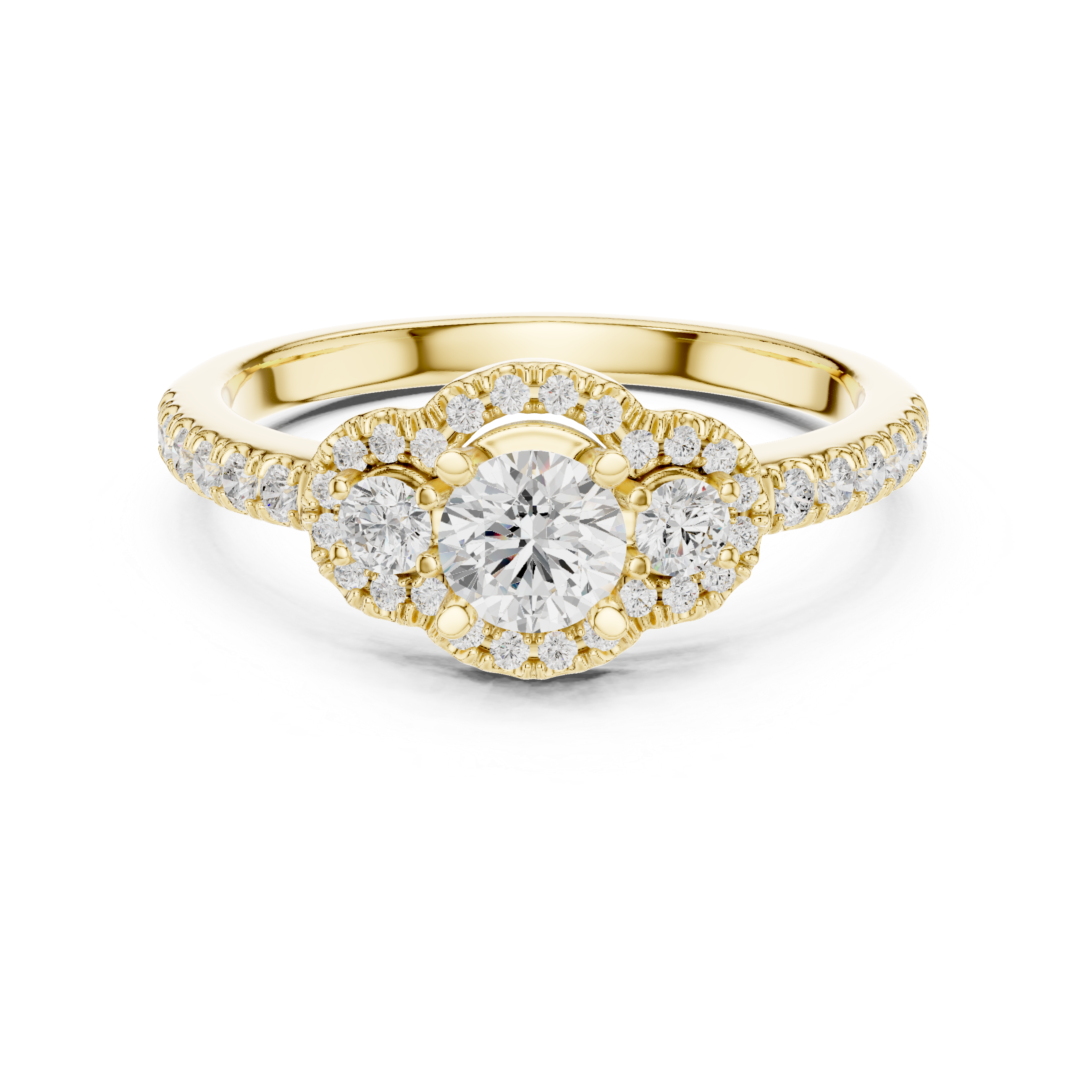 Three-stone engagement ring featuring a round center diamond