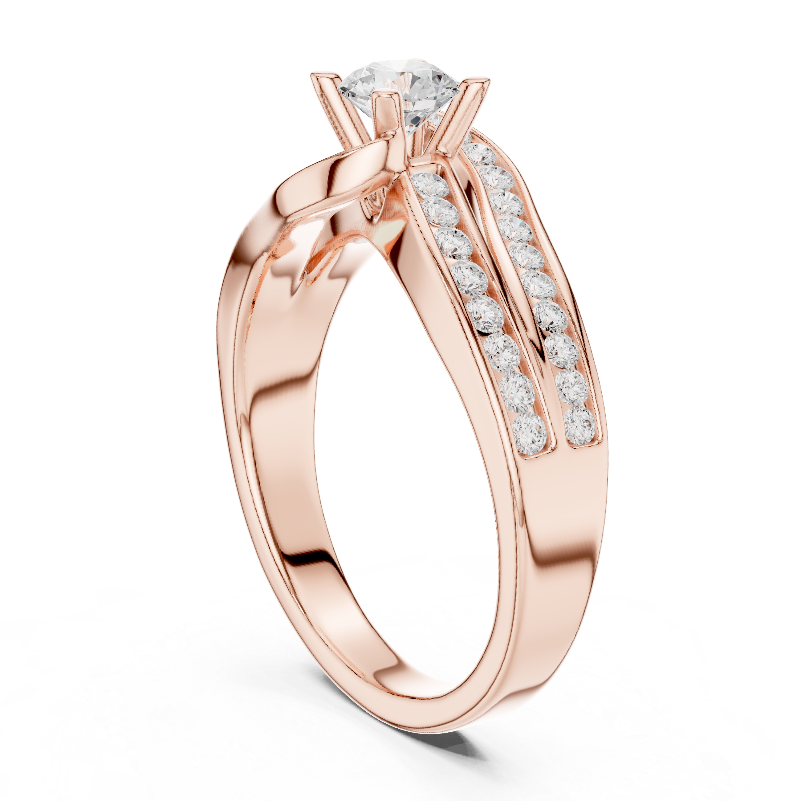 Engagement ring with a sleek split shank adorned with channel-set