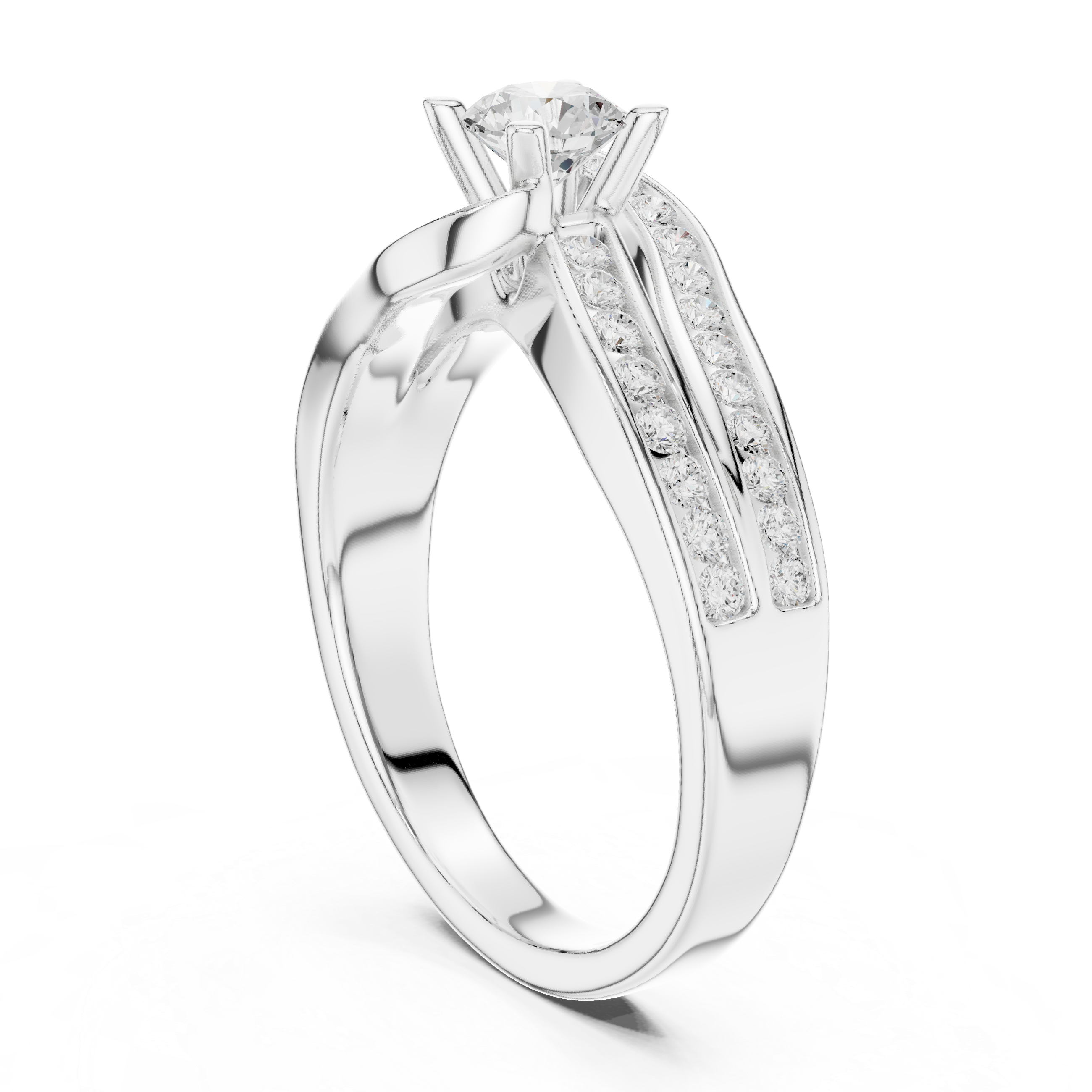 Engagement ring with a sleek split shank adorned with channel-set