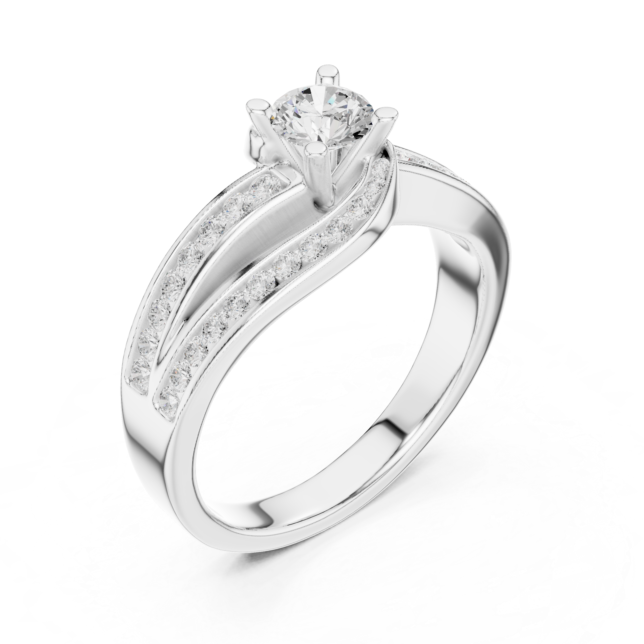 Engagement ring with a sleek split shank adorned with channel-set