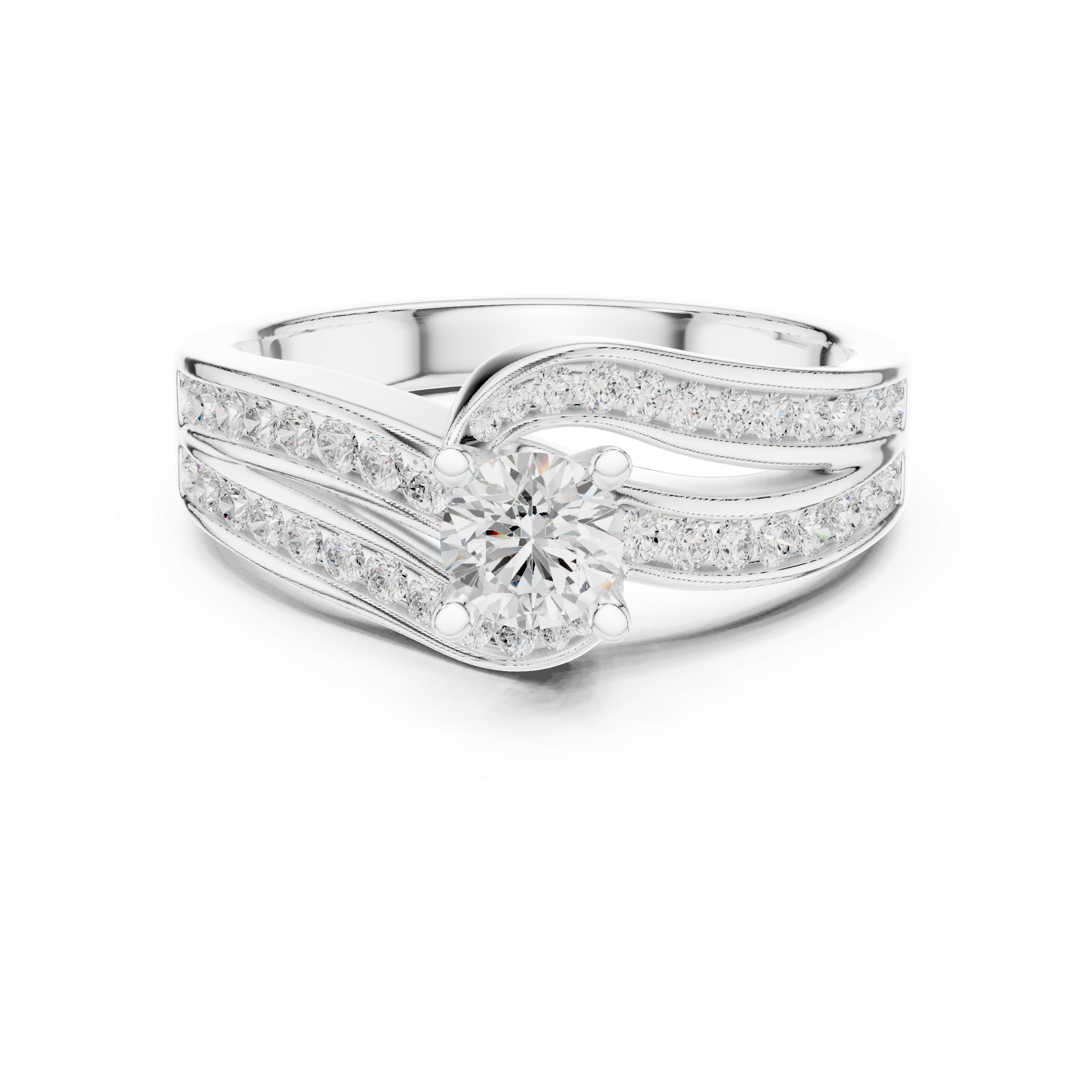 Engagement ring with a sleek split shank adorned with channel-set