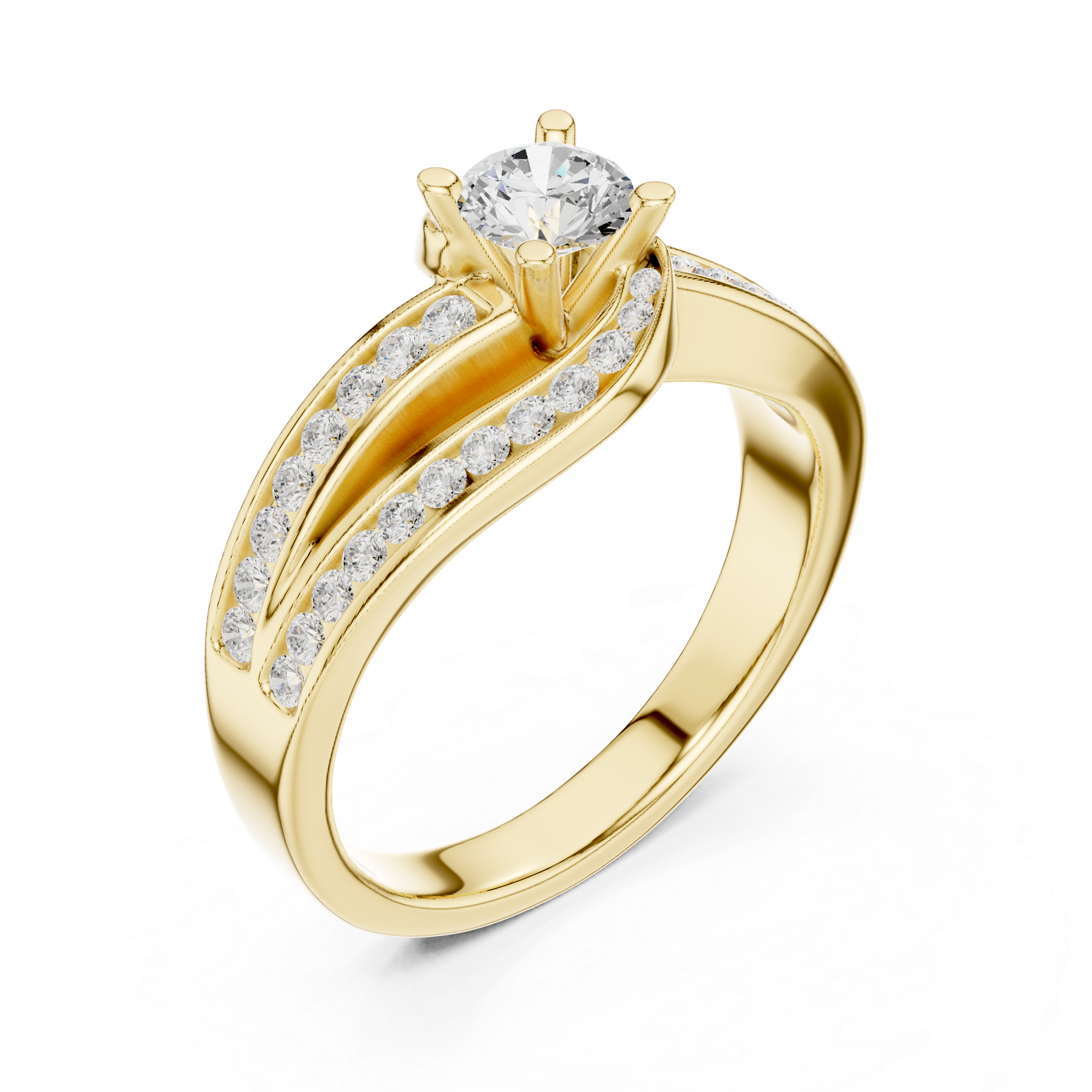 Engagement ring with a sleek split shank adorned with channel-set