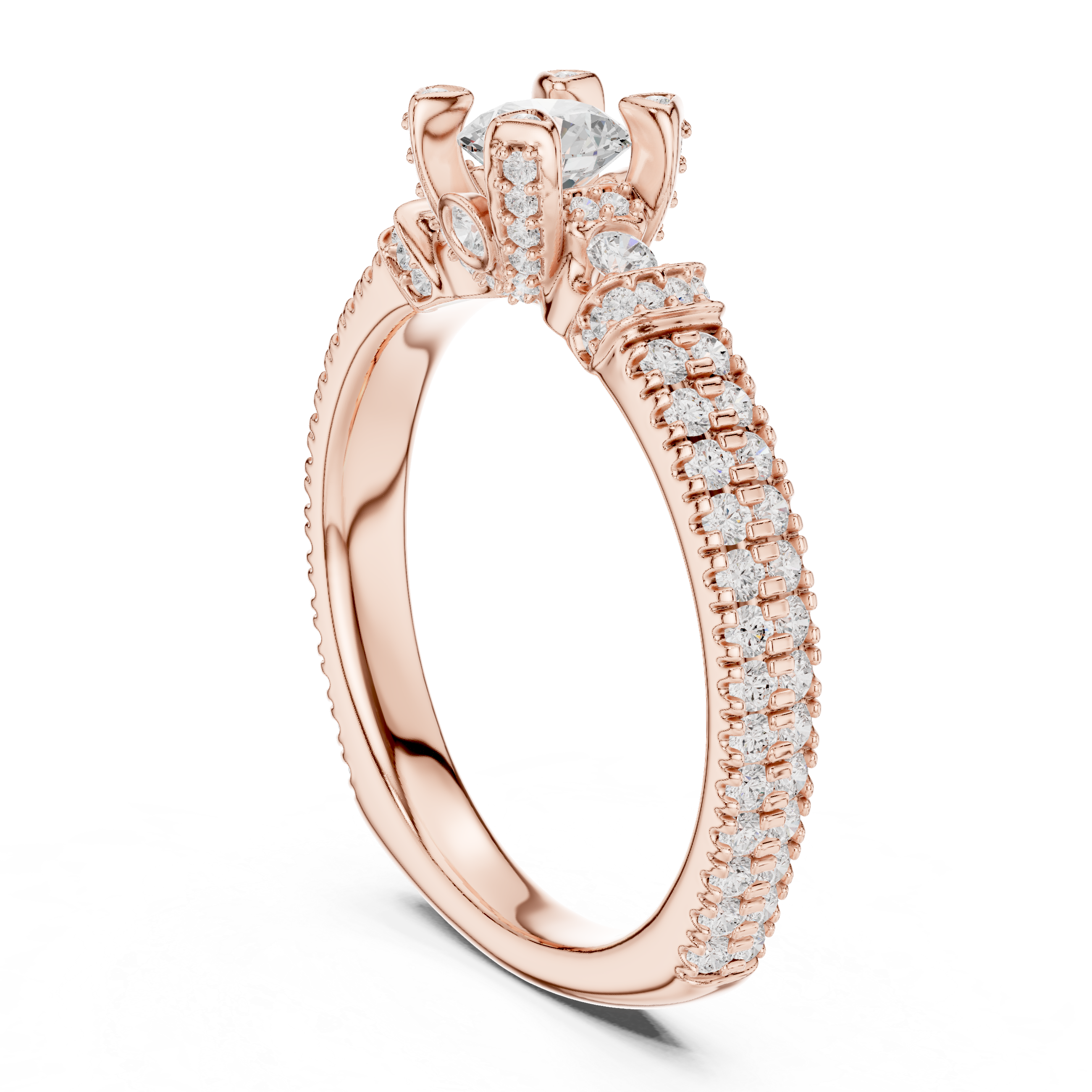 A round solitaire center diamond with triple-row pav? diamonds