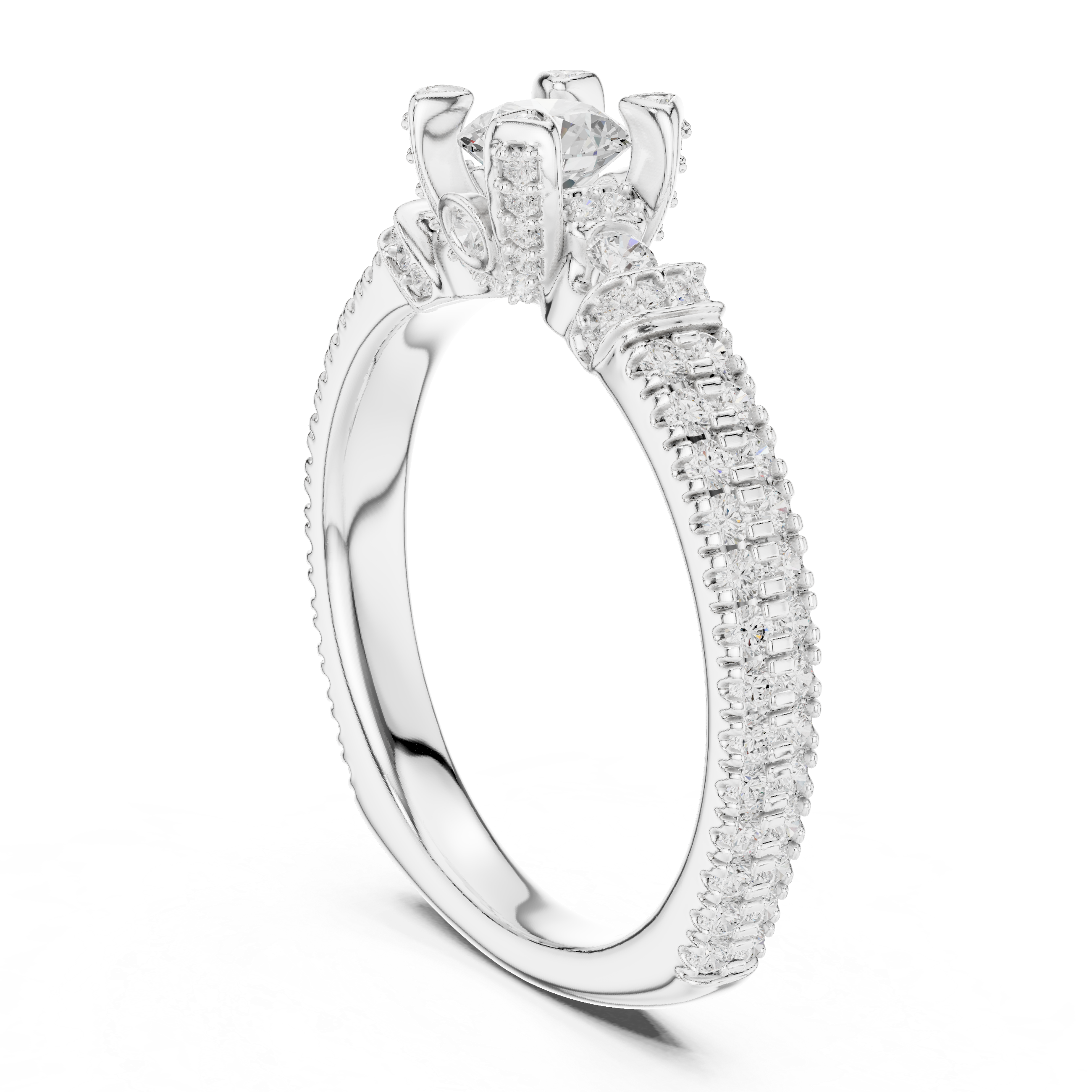 A round solitaire center diamond with triple-row pav? diamonds