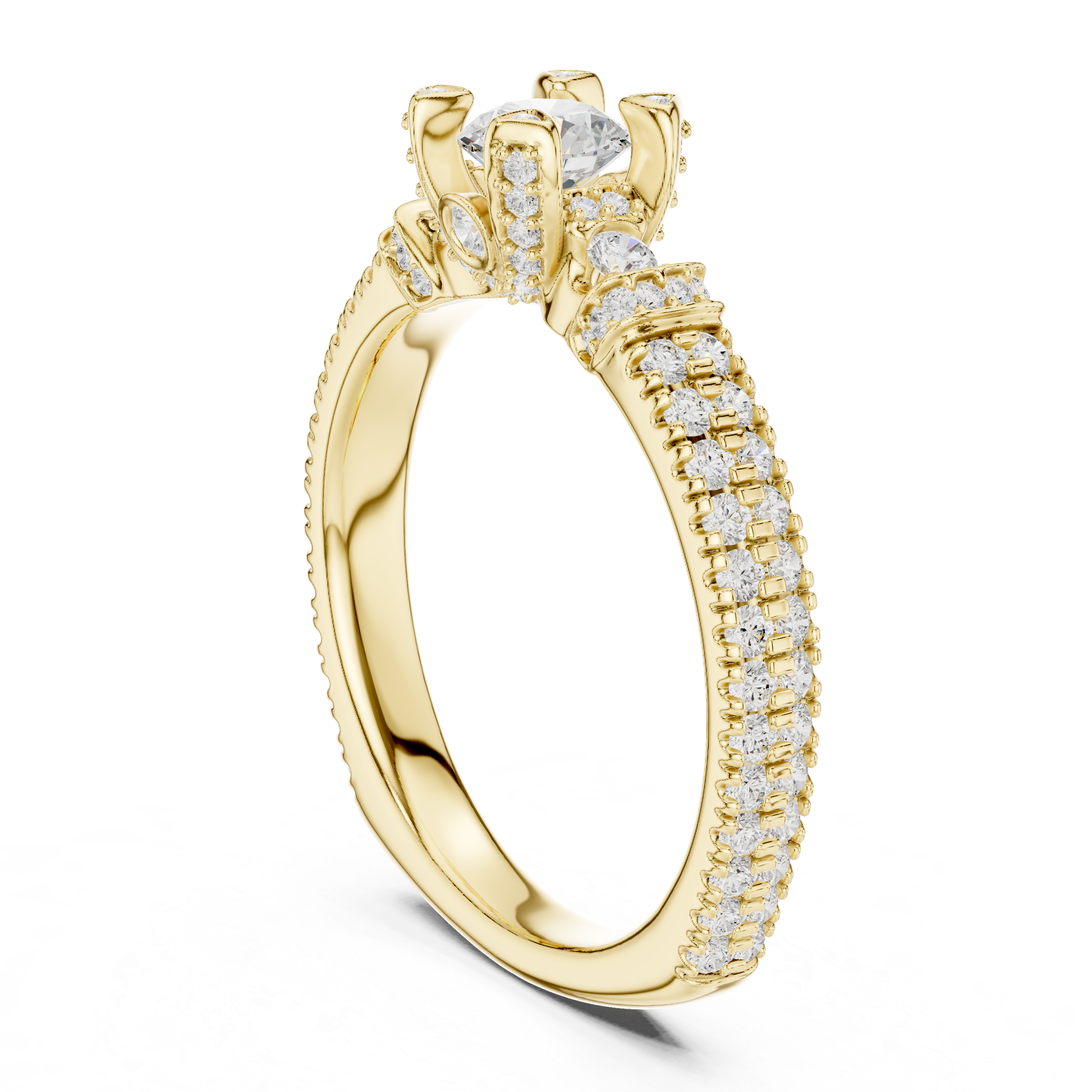 A round solitaire center diamond with triple-row pav? diamonds