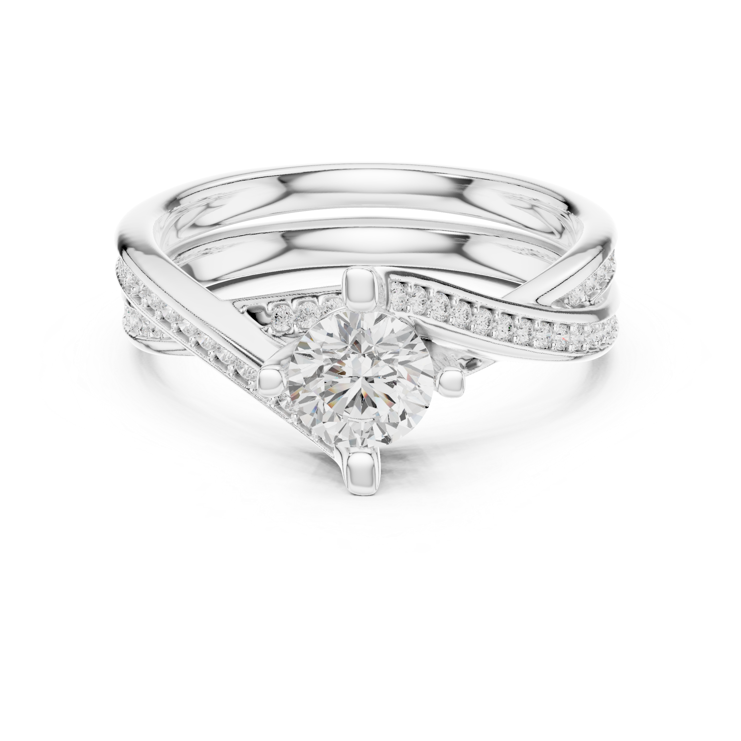 Brilliant round solitaire center stone accented with pav? diamonds