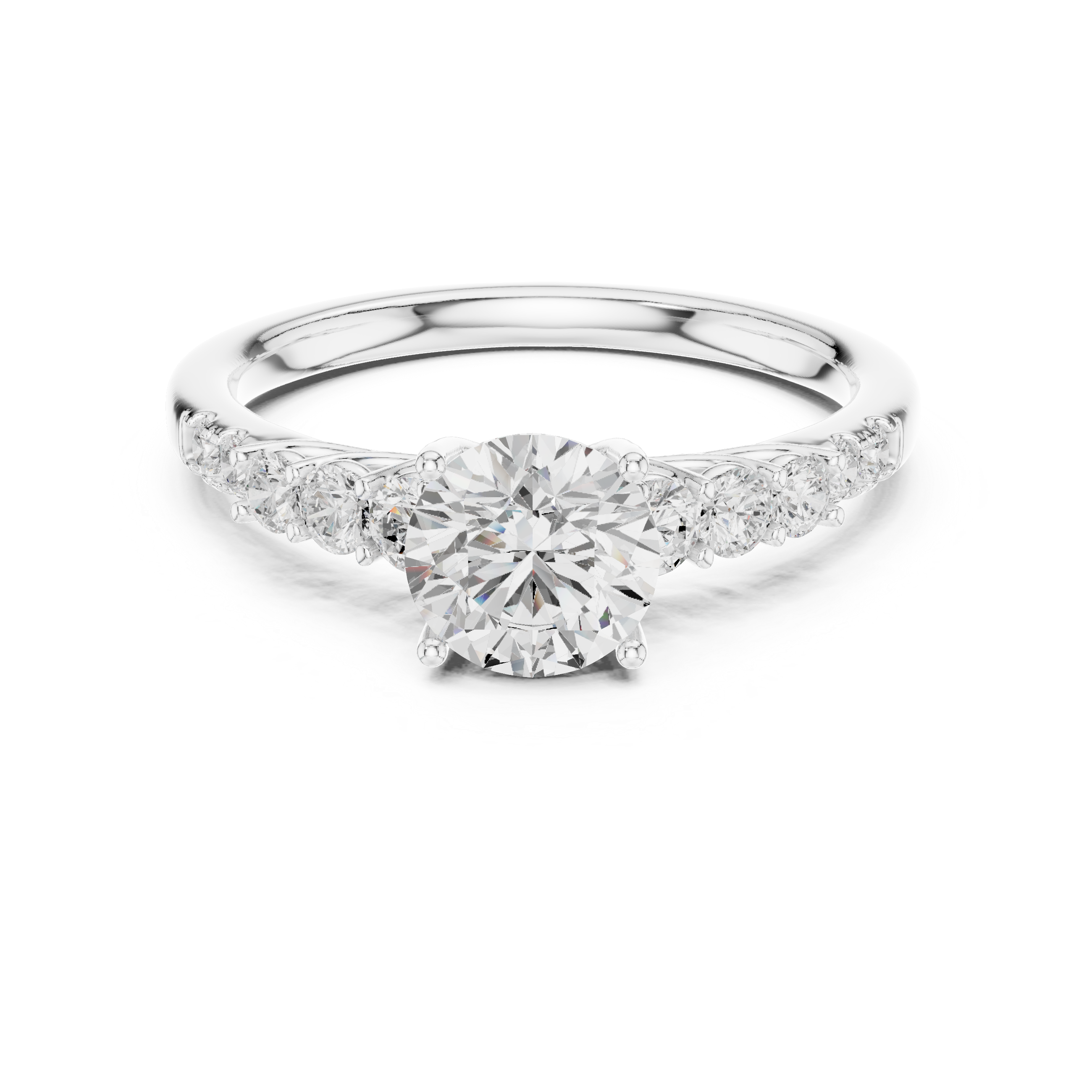 Engagement ring with a brilliant round solitaire center stone and graduated side diamonds.