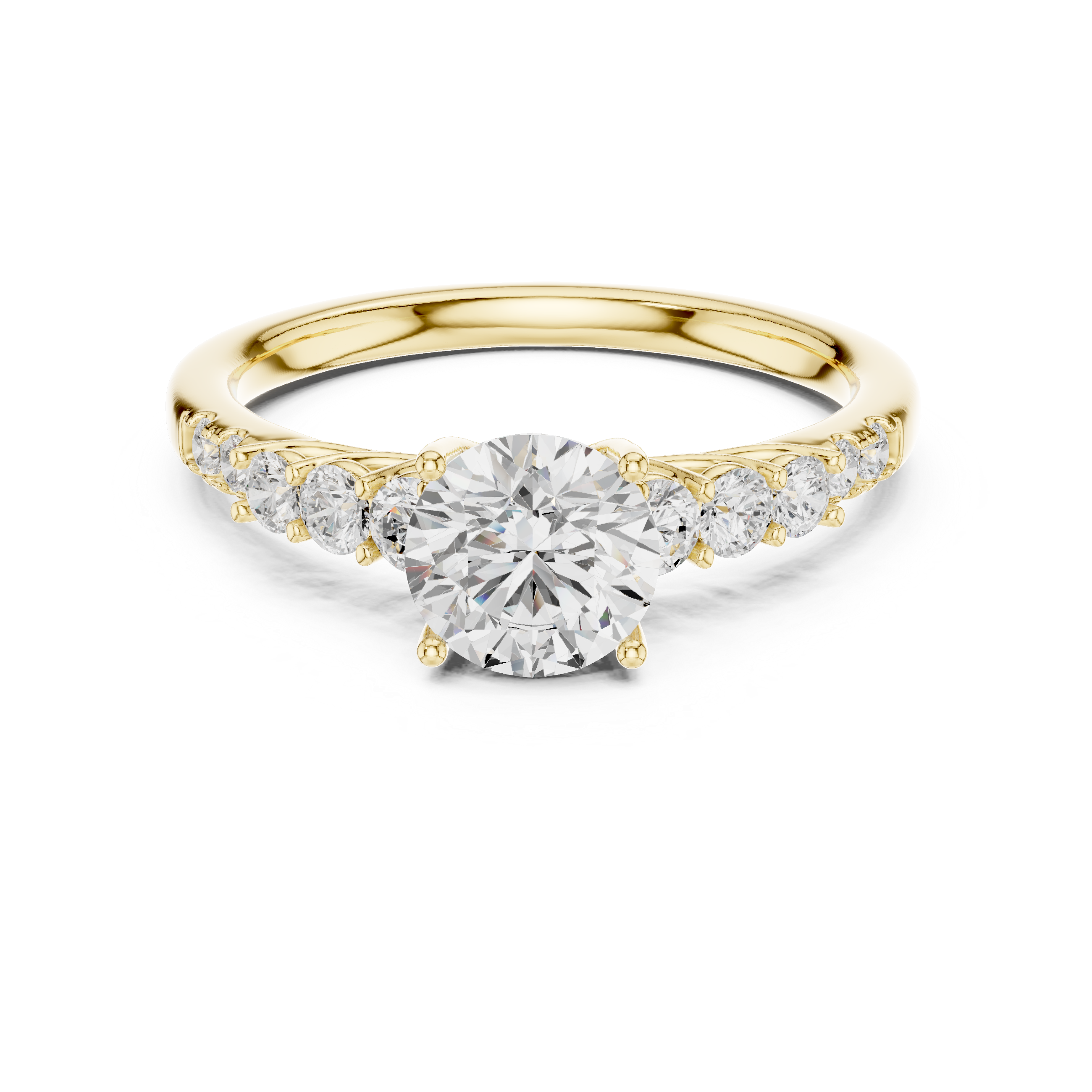 Engagement ring with a brilliant round solitaire center stone and graduated side diamonds.
