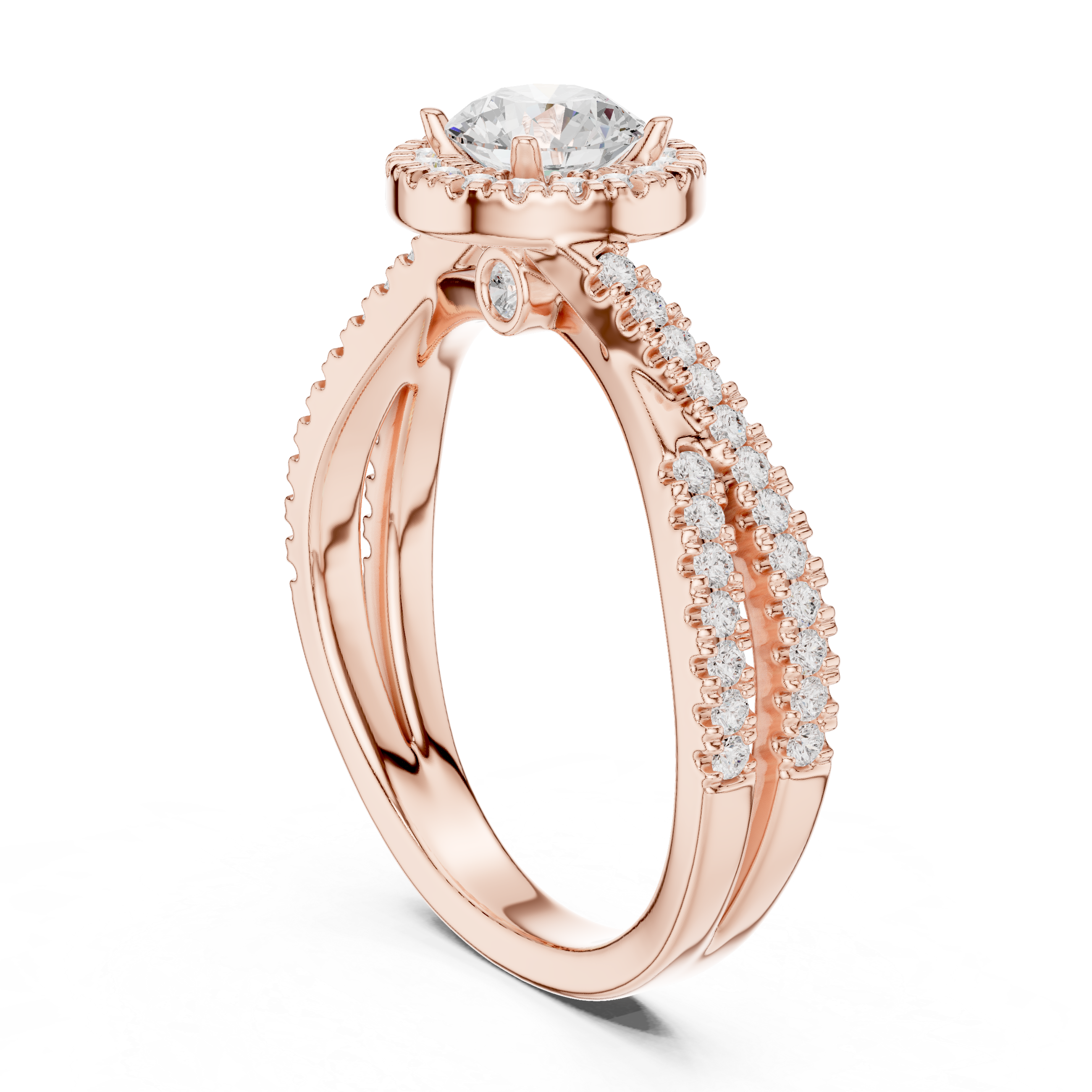 a halo-set round solitaire center diamond