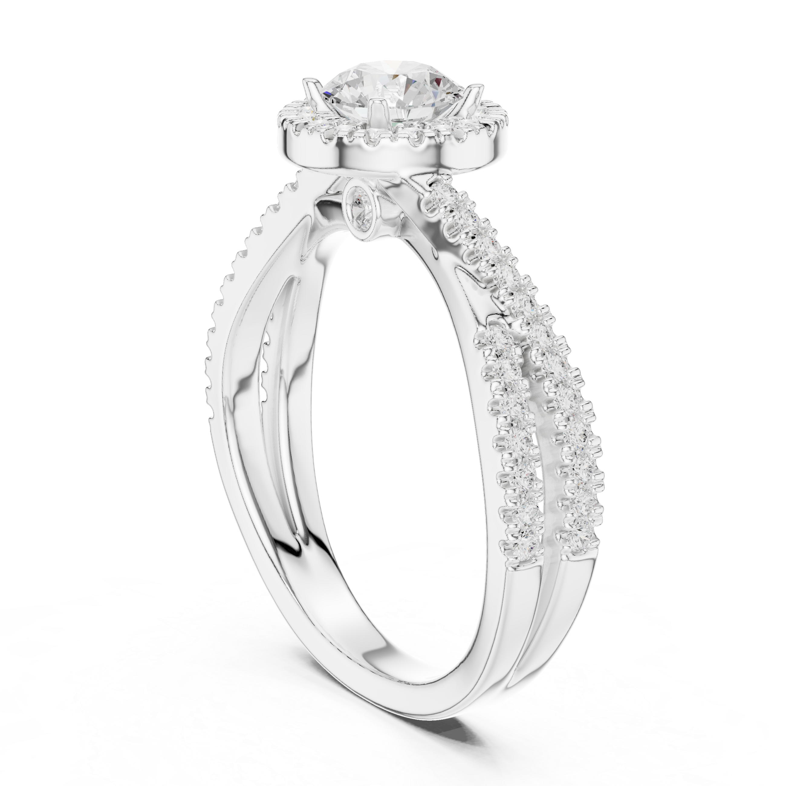 a halo-set round solitaire center diamond