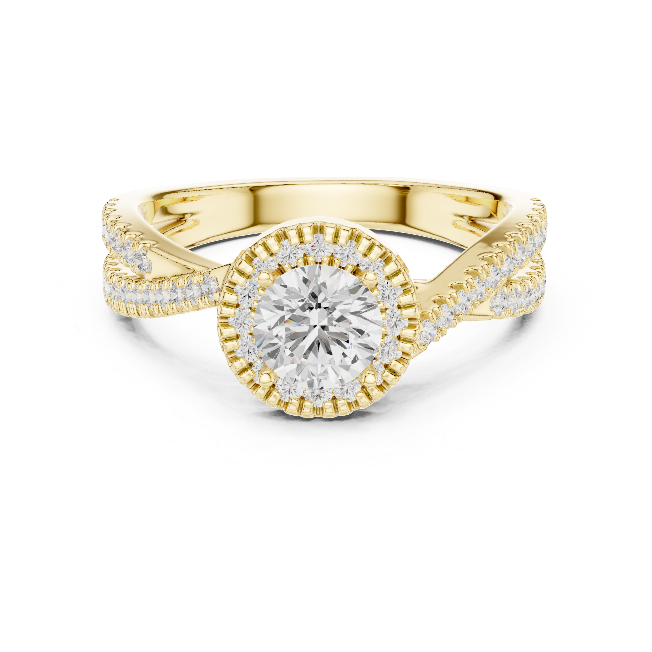 a halo-set round solitaire center diamond