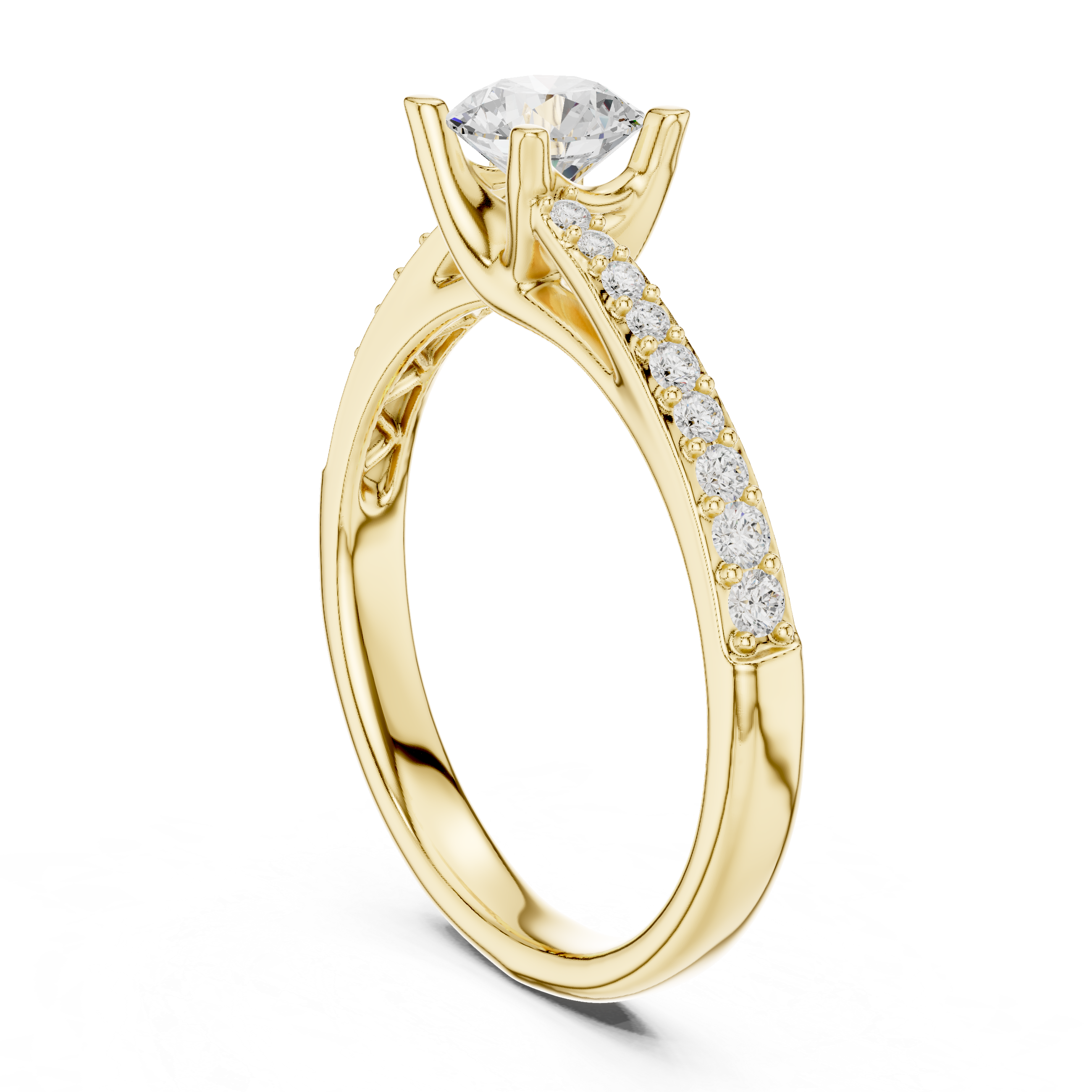Classic solitaire ring with sparkling pav? diamond band.
