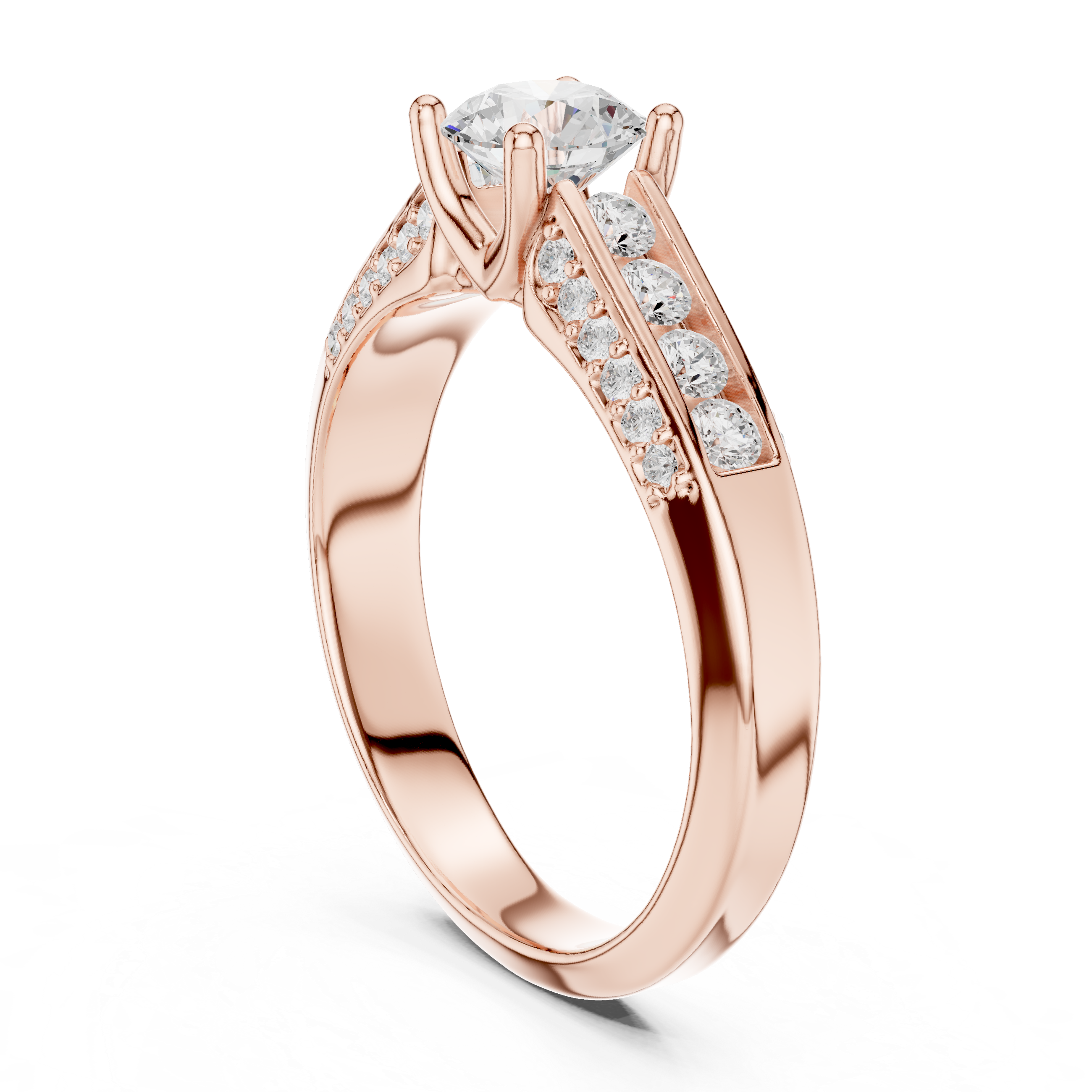 A modern featuring channel-set diamonds and a brilliant round solitaire