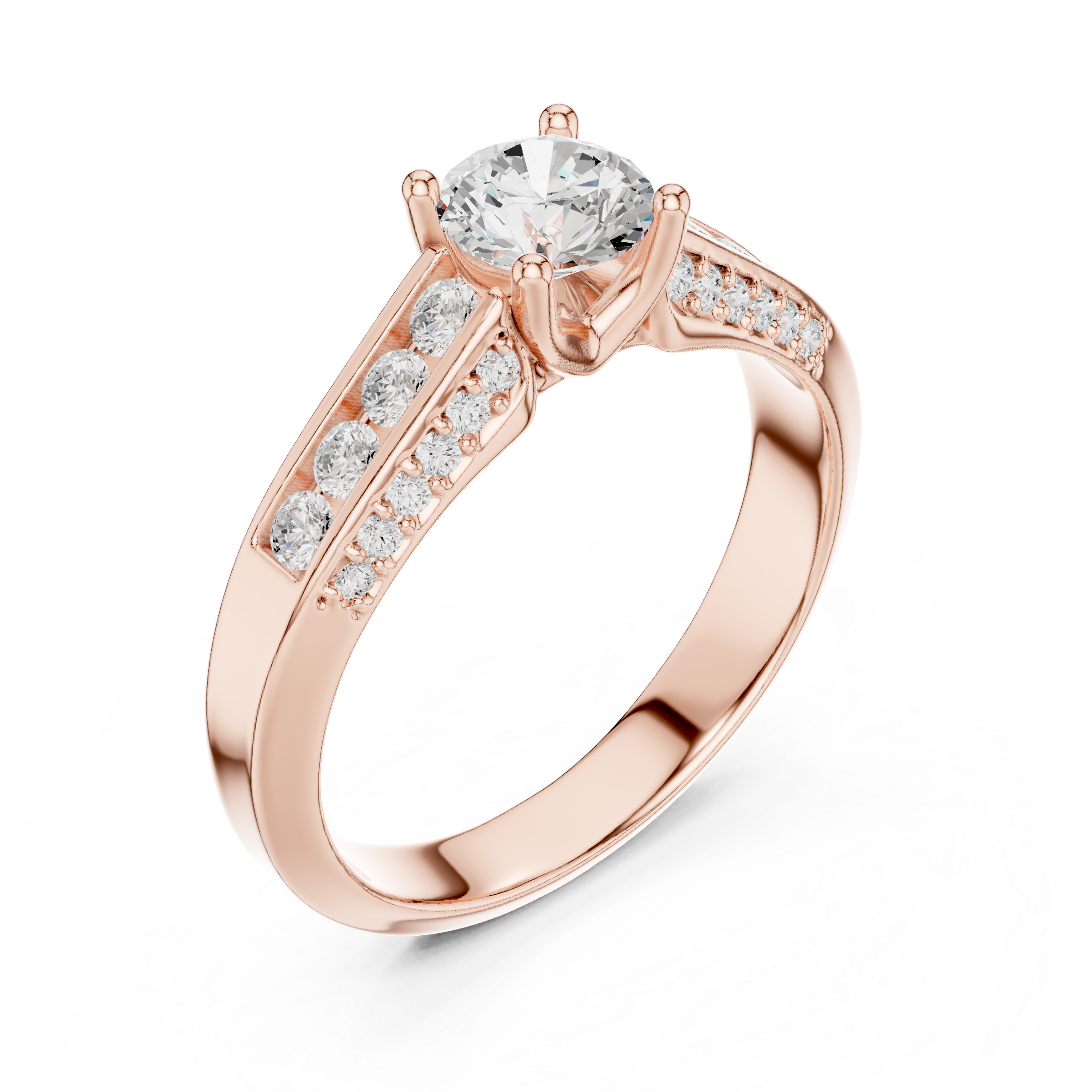 A modern featuring channel-set diamonds and a brilliant round solitaire
