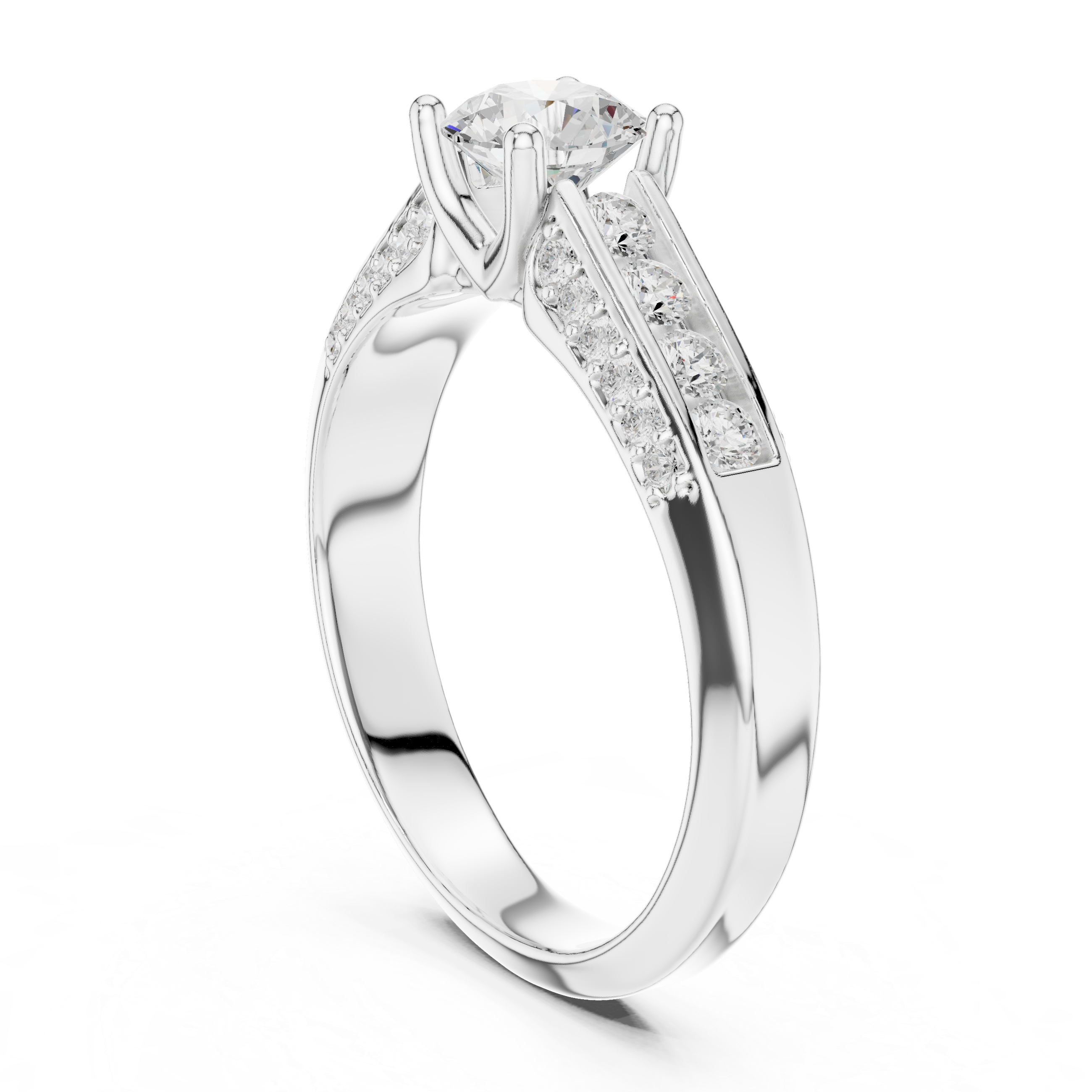 A modern featuring channel-set diamonds and a brilliant round solitaire