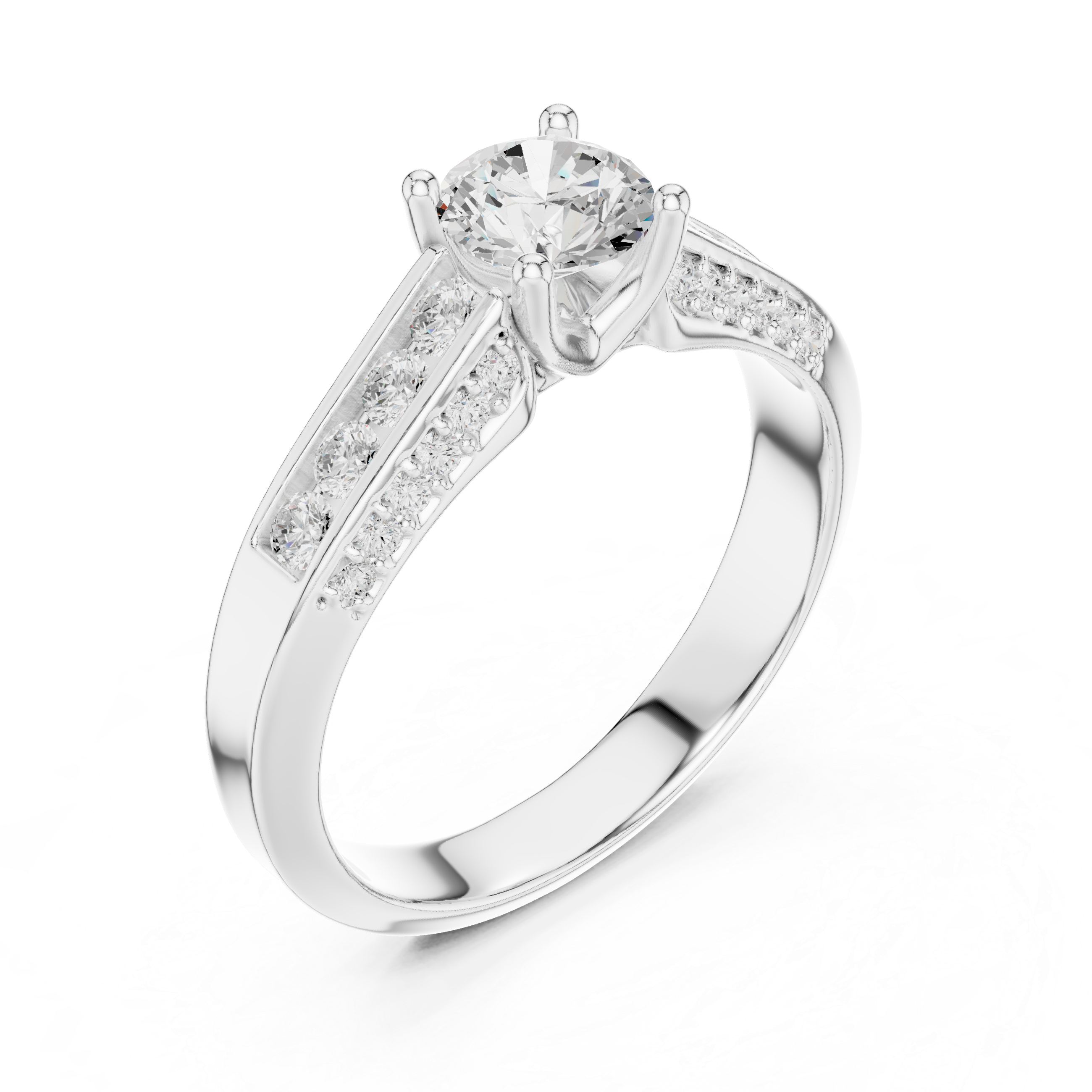 A modern featuring channel-set diamonds and a brilliant round solitaire