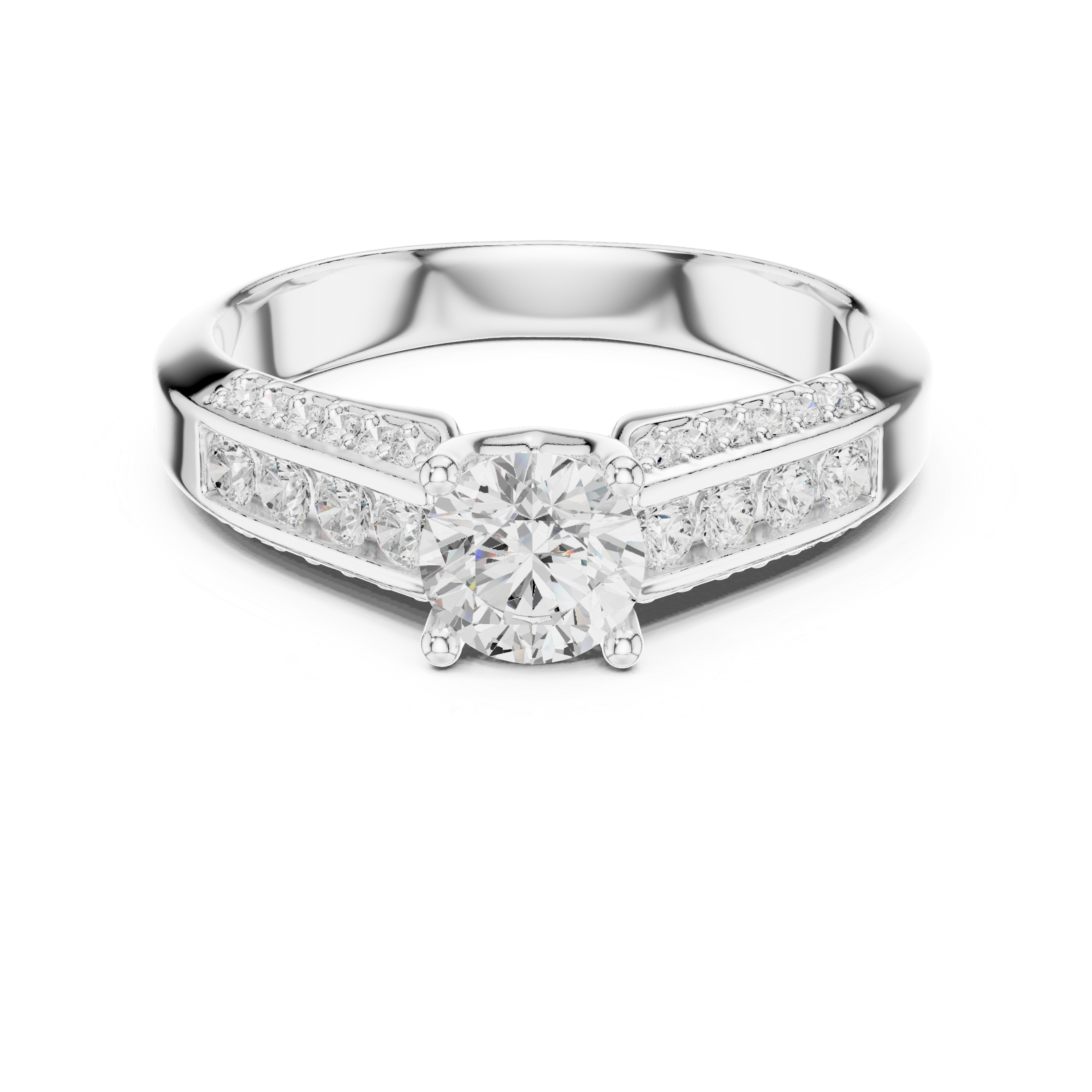 A modern featuring channel-set diamonds and a brilliant round solitaire