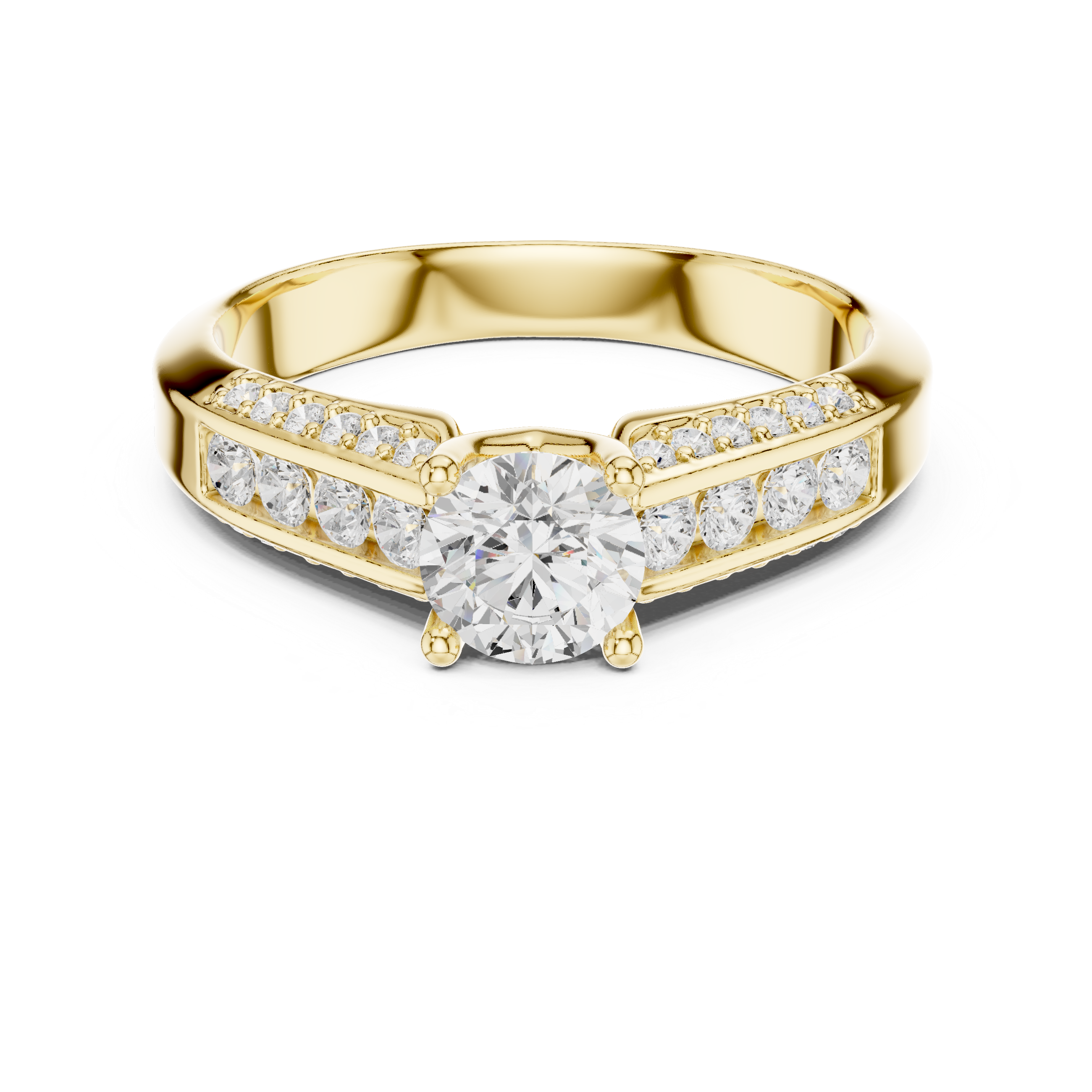 A modern featuring channel-set diamonds and a brilliant round solitaire