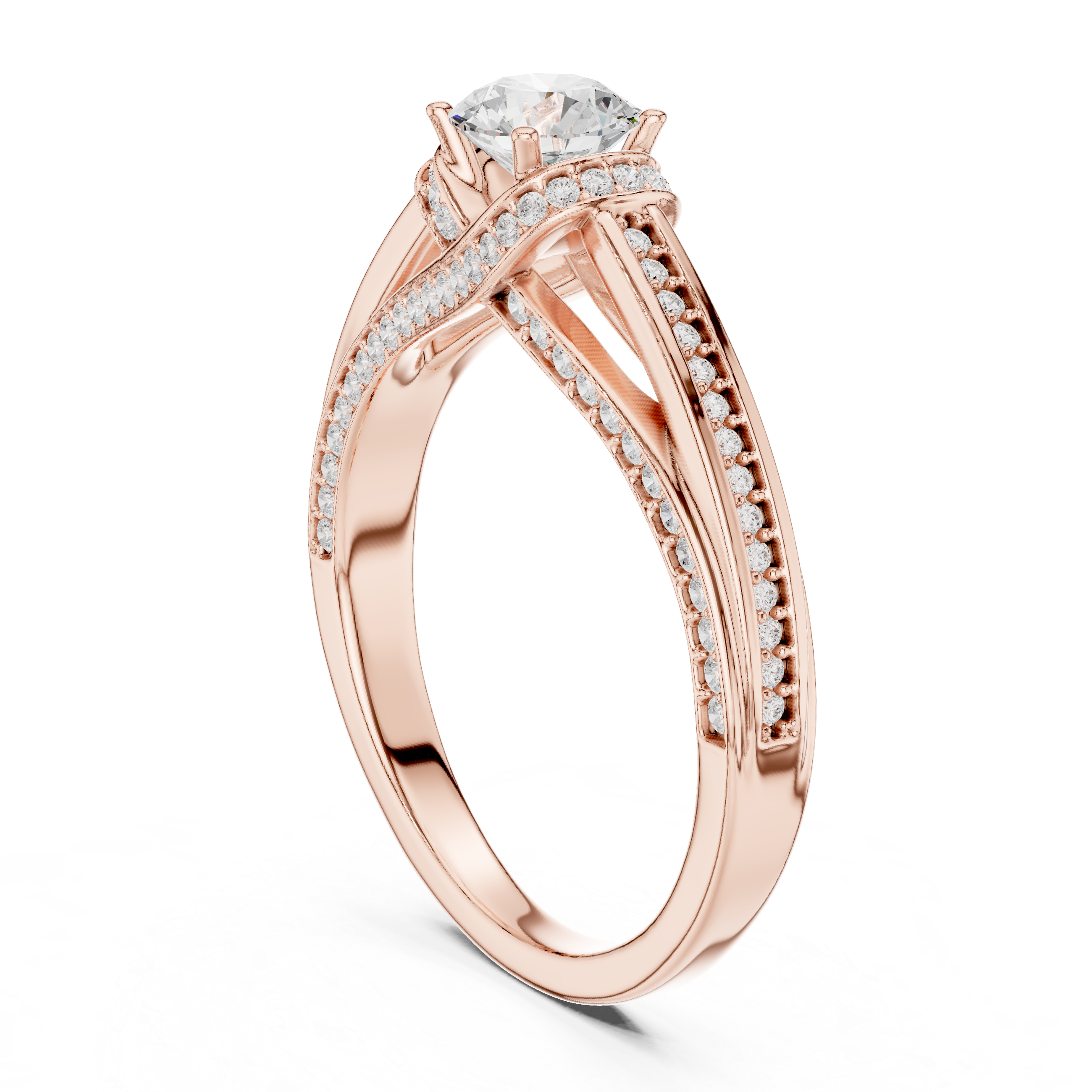 Timeless engagement ring with a brilliant round center and diamond-encrusted band.