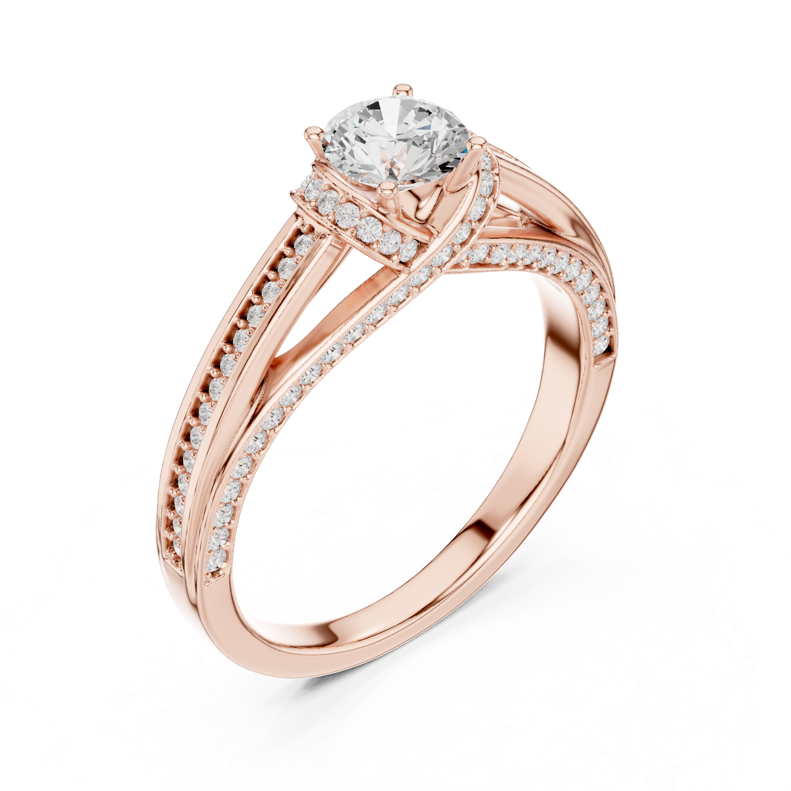 Timeless engagement ring with a brilliant round center and diamond-encrusted band.