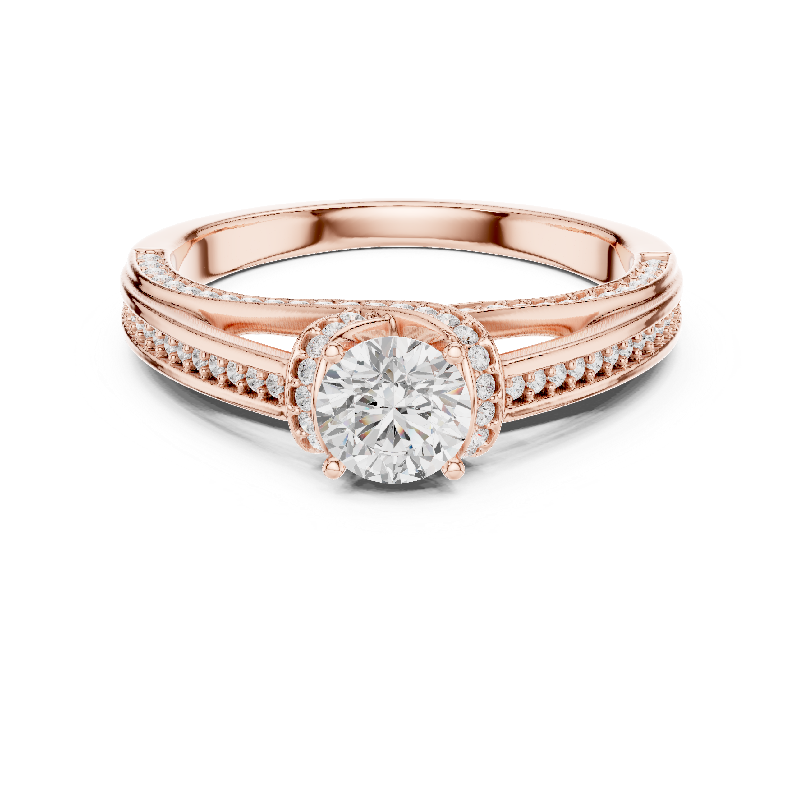 Timeless engagement ring with a brilliant round center and diamond-encrusted band.
